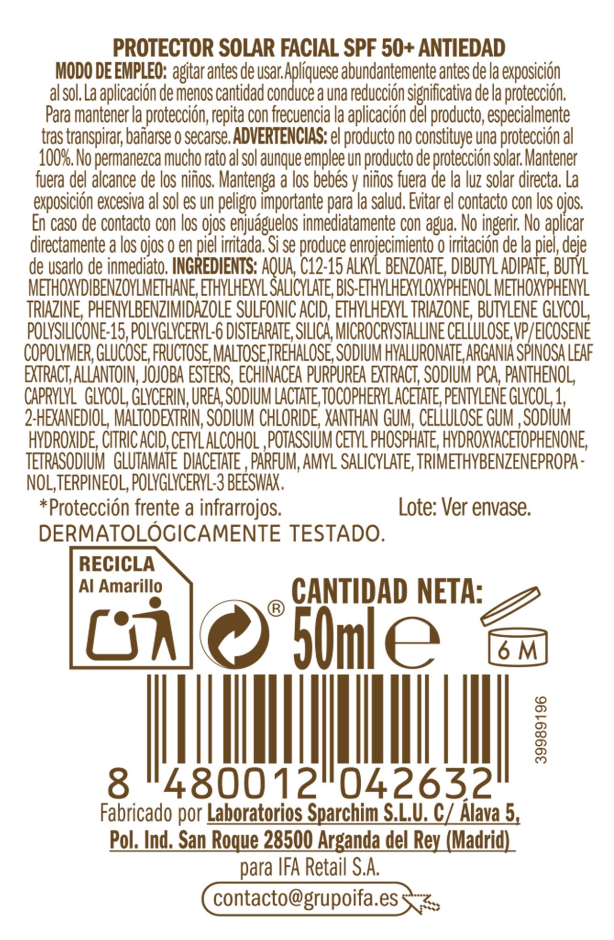 Leche solar hidratante facial spf 50 Ifa unnia 50ml