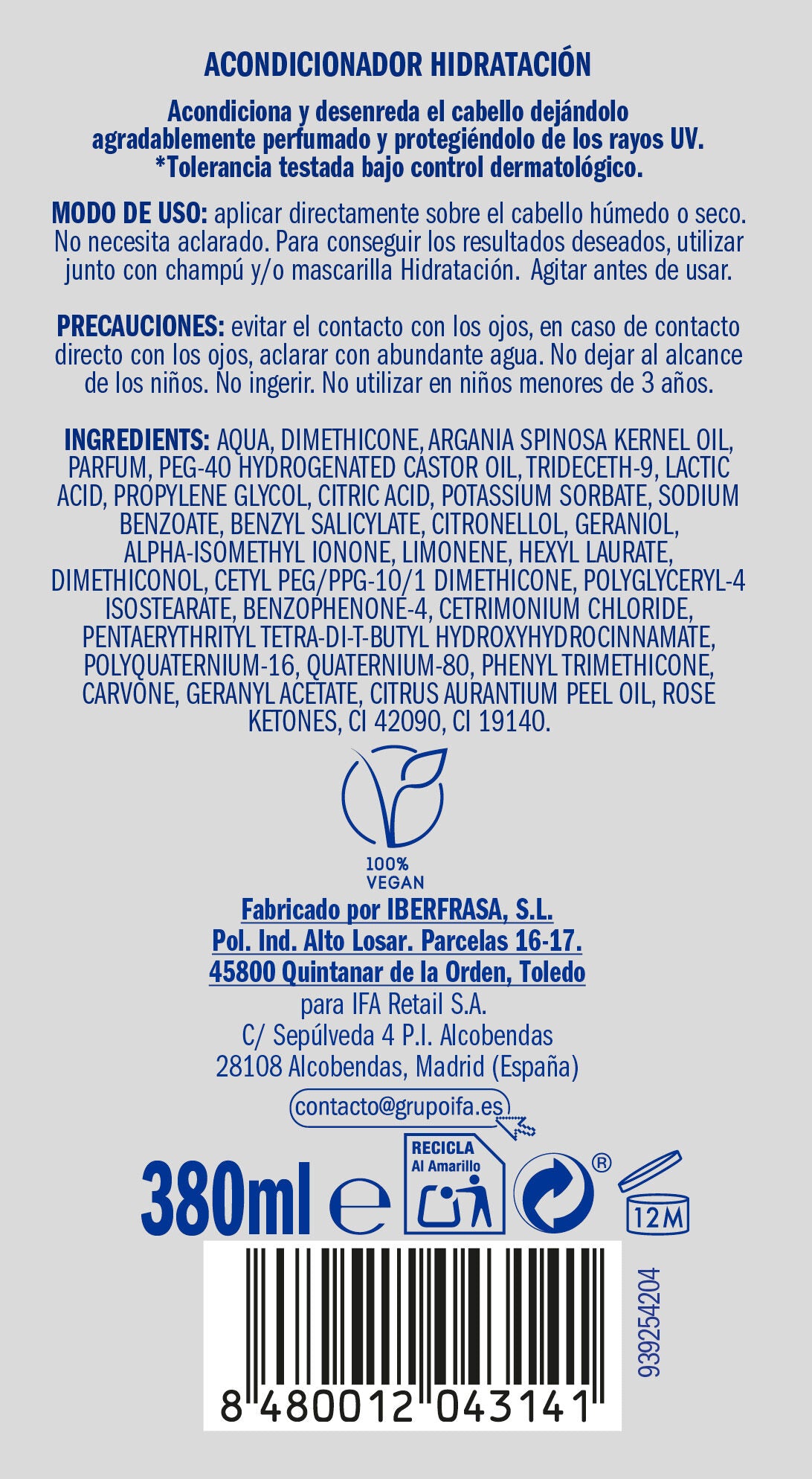 Acondicionador bifásico hidratacion Ifa unnia 380ml