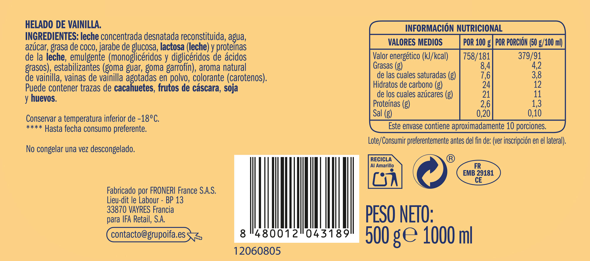 Helado tarrina vainilla Ifa eliges 1l