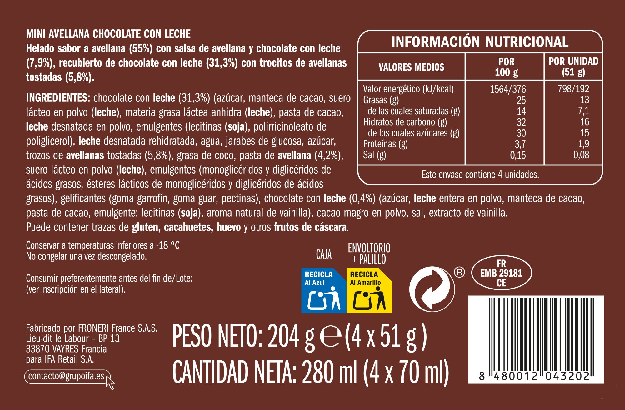 Bombon mini avellana chocolate Ifa eliges p4x70ml