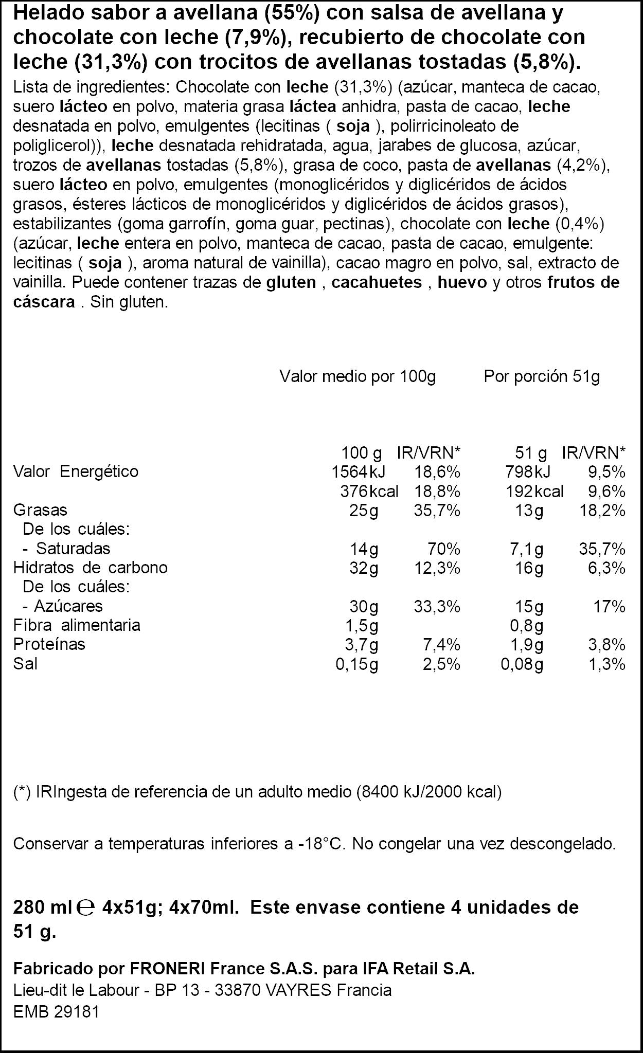 Bombon mini avellana chocolate Ifa eliges p4x70ml