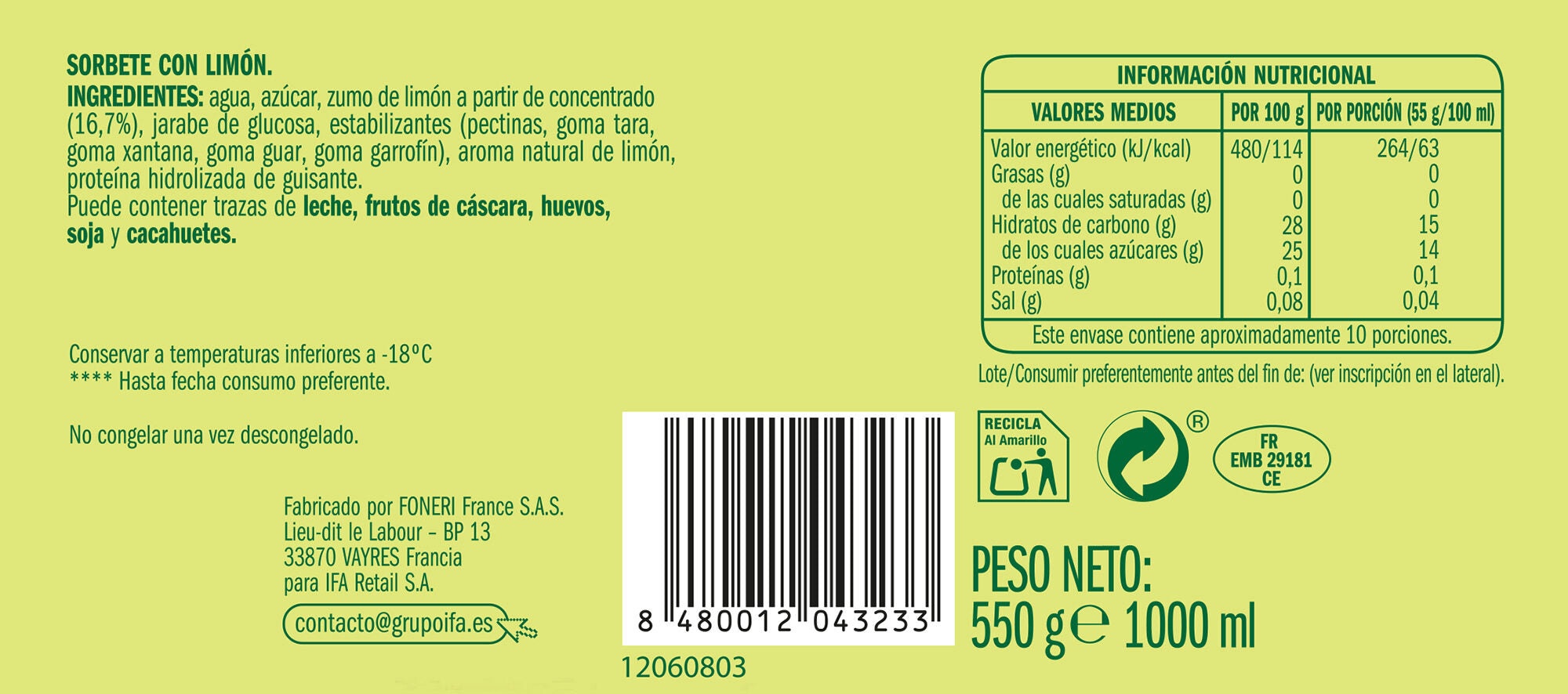 Sorbete tarrina limón Ifa eliges 1l