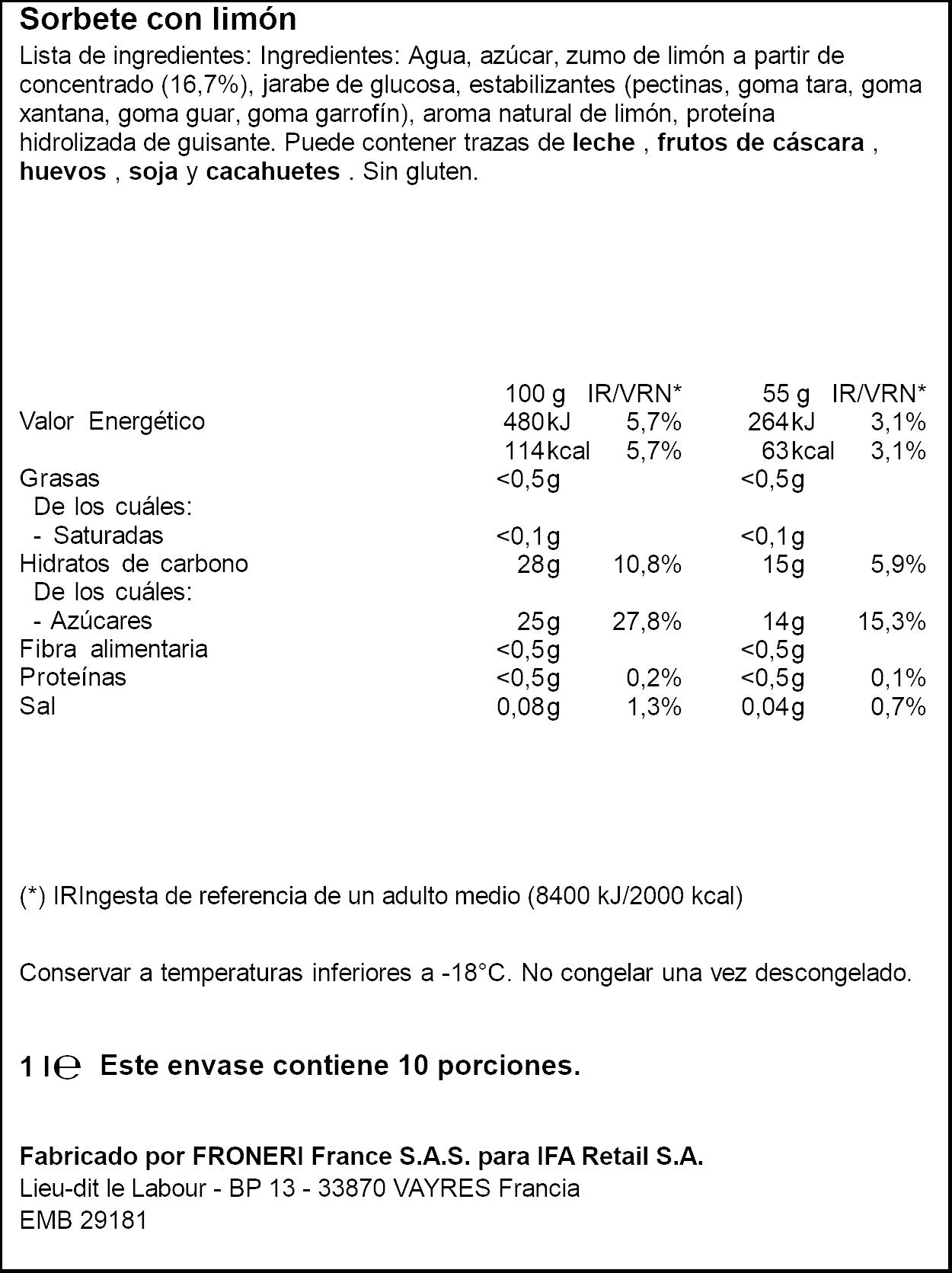 Sorbete tarrina limón Ifa eliges 1l