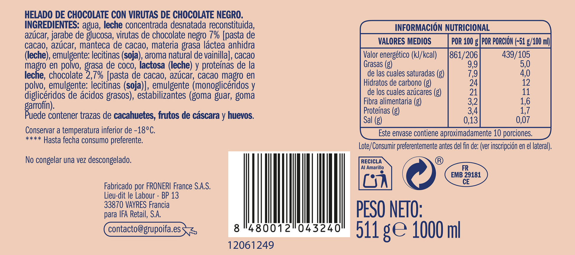 Helado tarrina chocolate Ifa eliges 1l