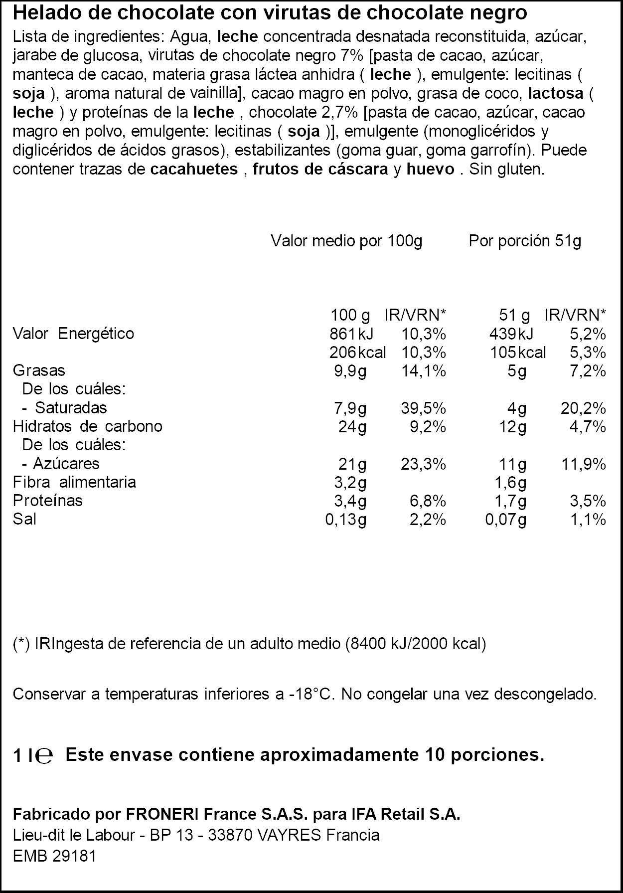 Helado tarrina chocolate Ifa eliges 1l