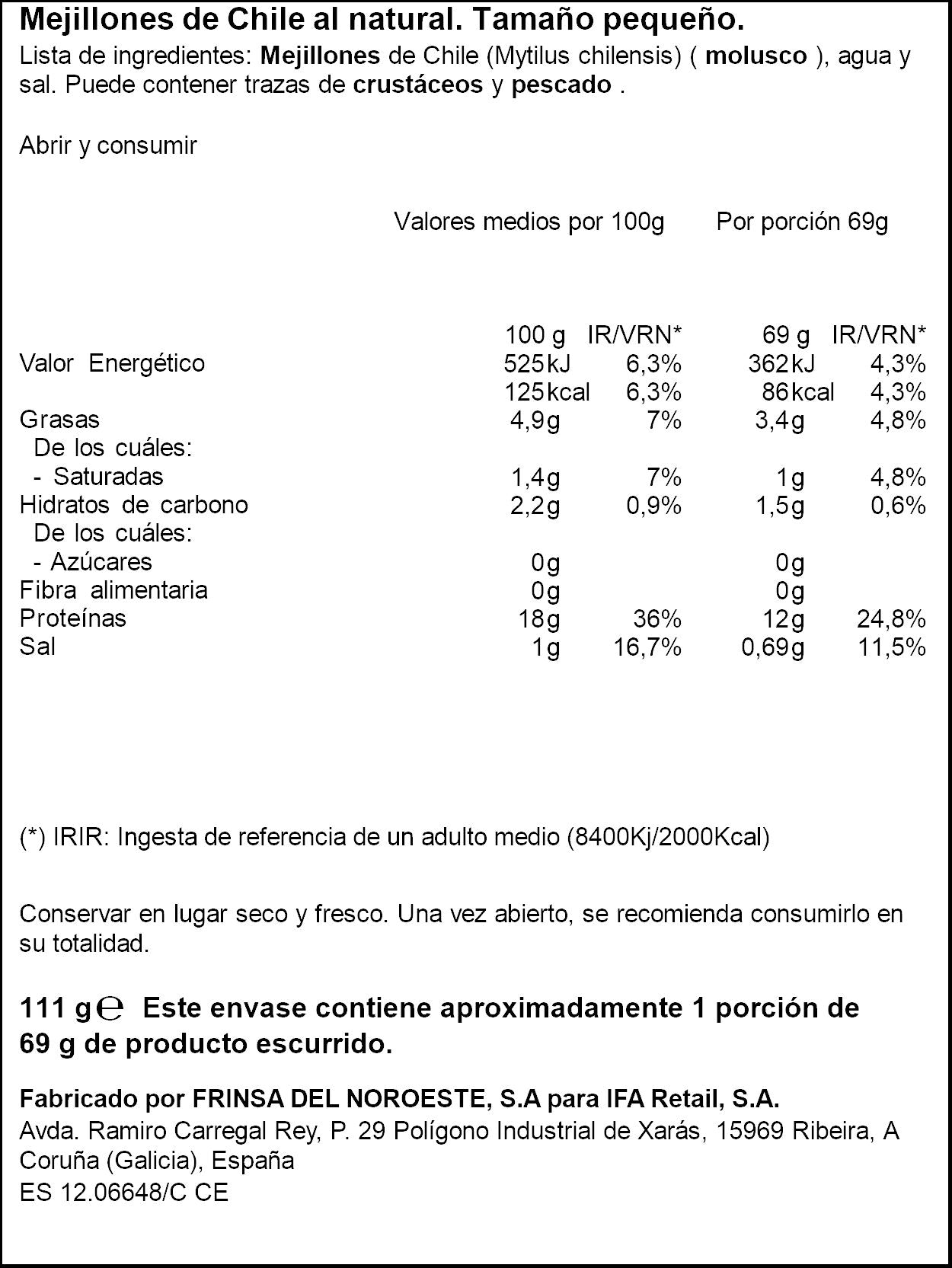 Mejillon de chile natural 13/18 ol120 Ifa eliges 69g escurr