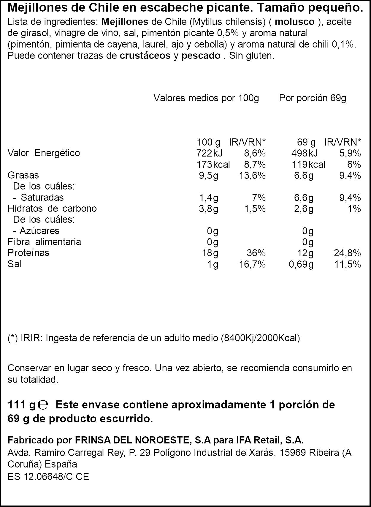 Mejillon de chile picante 13/18 ol120 Ifa eliges 69g escurr