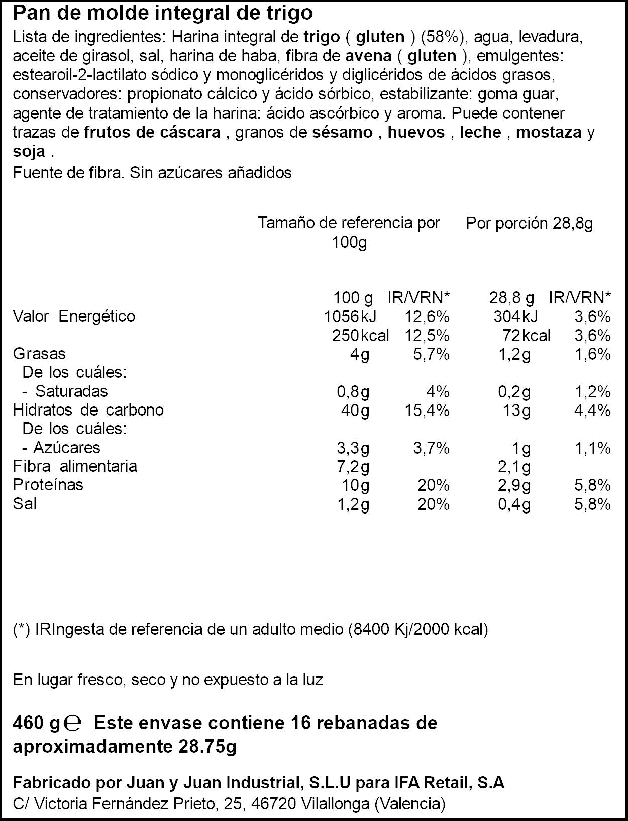 Pan de molde integral Ifa eliges 460g