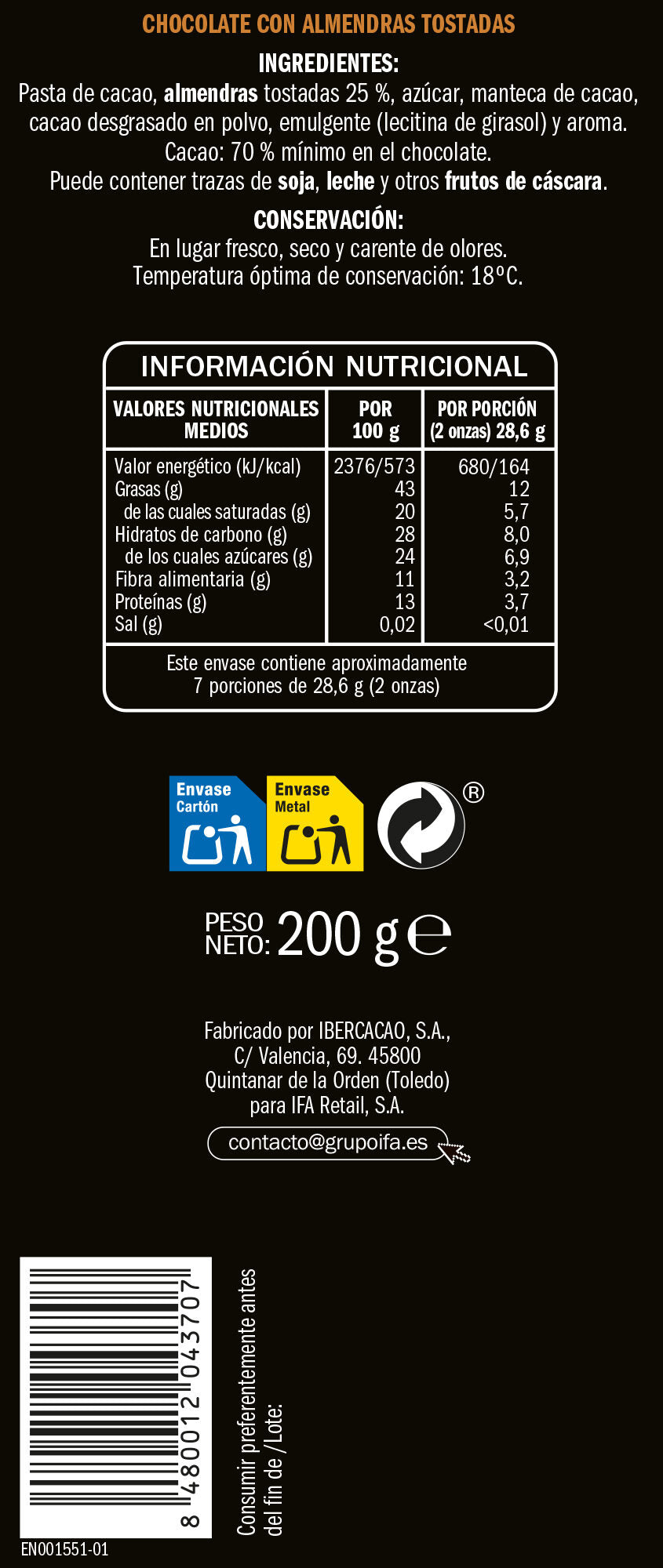 Chocolate negro 70% c/ almendras enteras Ifa eliges 200g