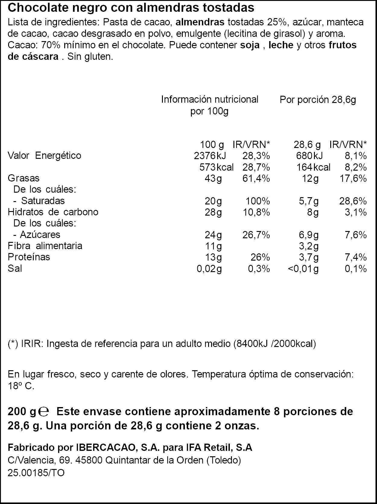 Chocolate negro 70% c/ almendras enteras Ifa eliges 200g