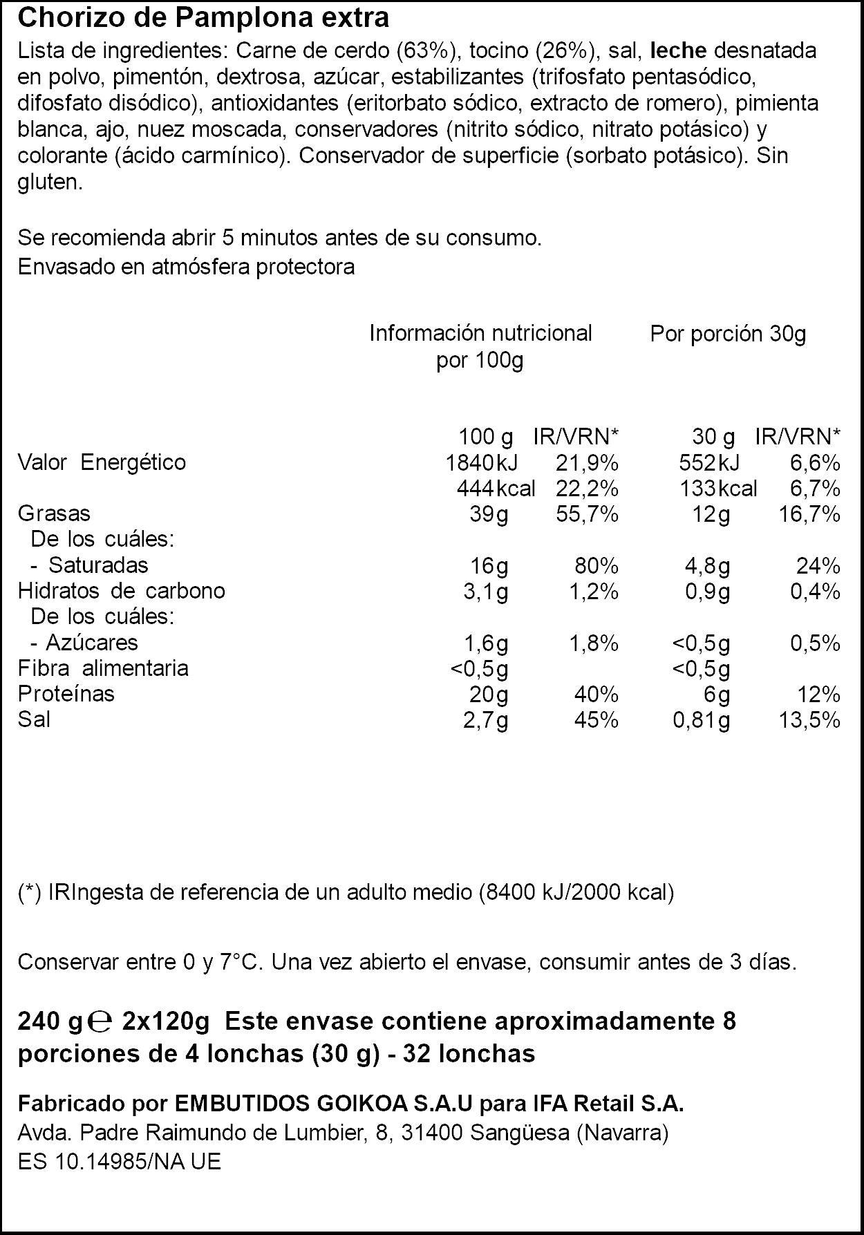 Chorizo pamplona lonchas Ifa eliges p2 120g/u