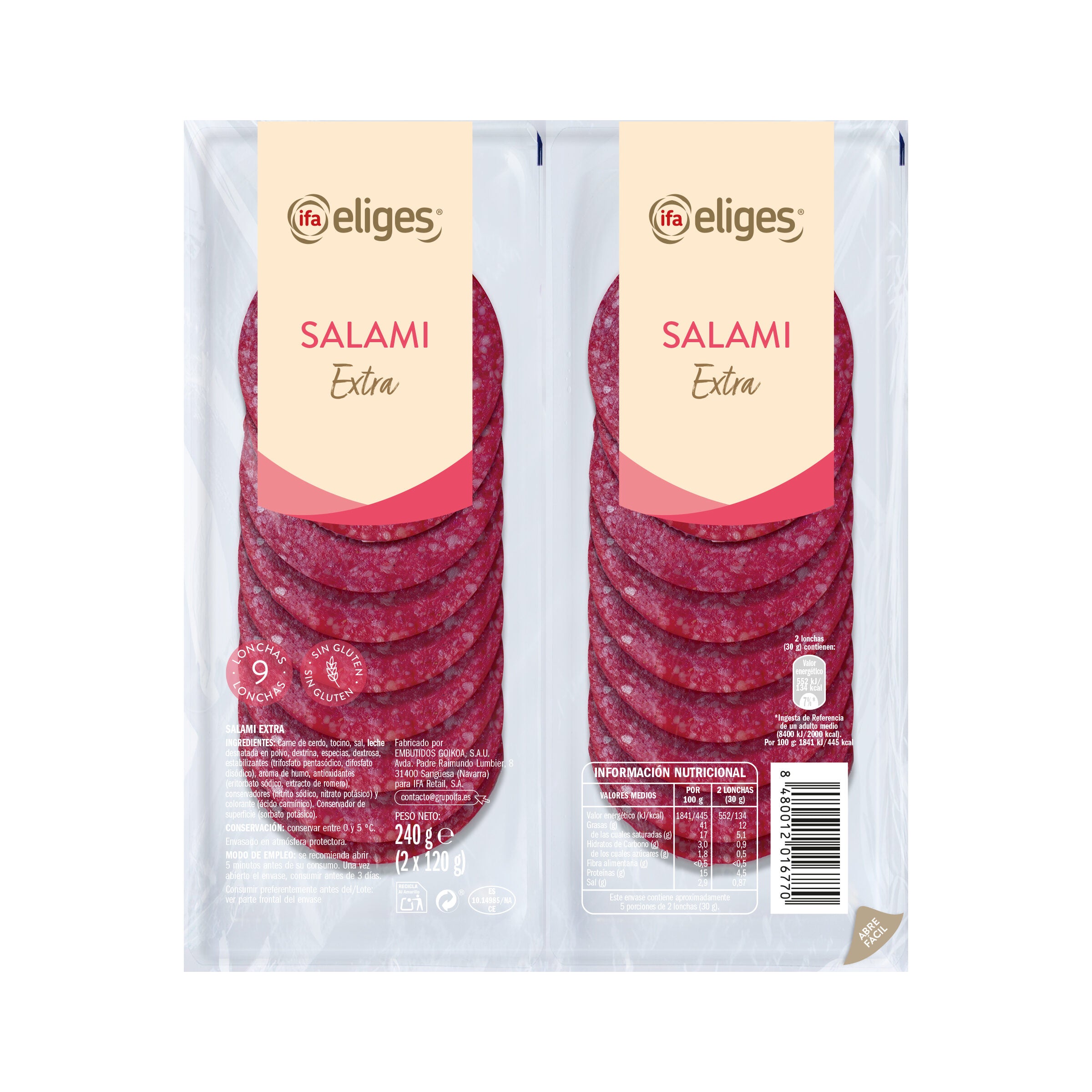 Salami extra lonchas Ifa eliges p2 120g/u