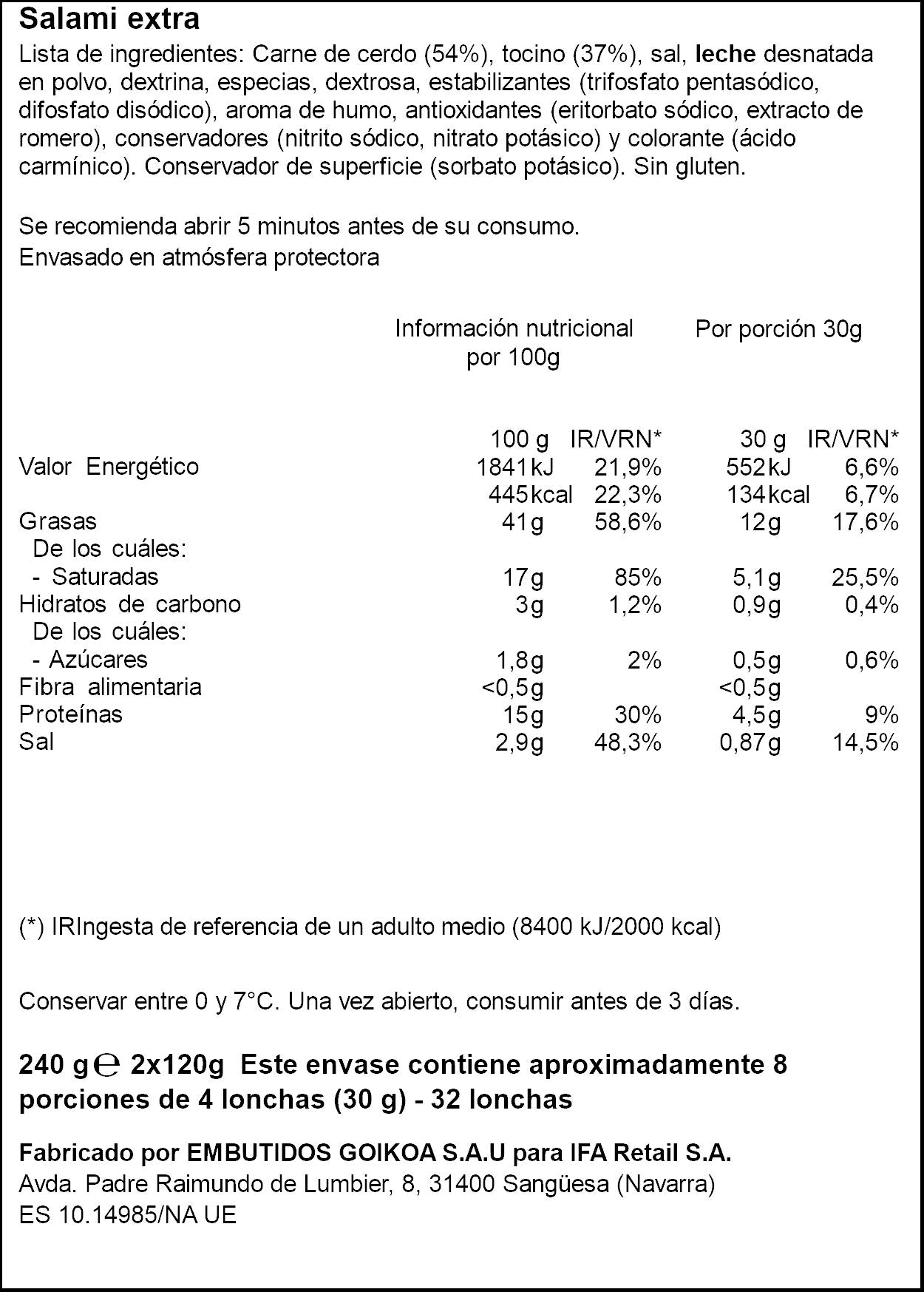 Salami extra lonchas Ifa eliges p2 120g/u