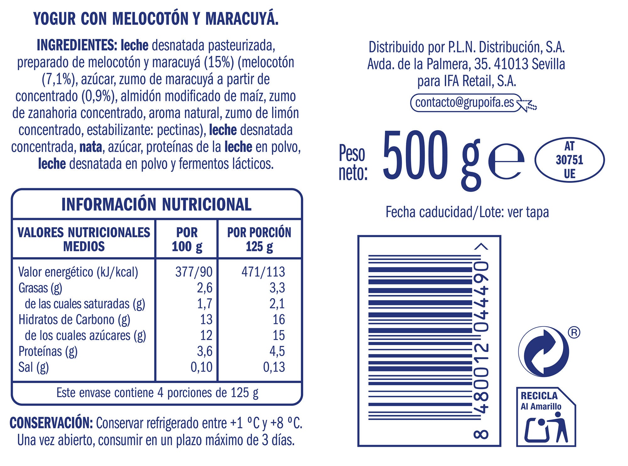 Yogur cremoso melocoton y maracuya Ifa eliges 500g
