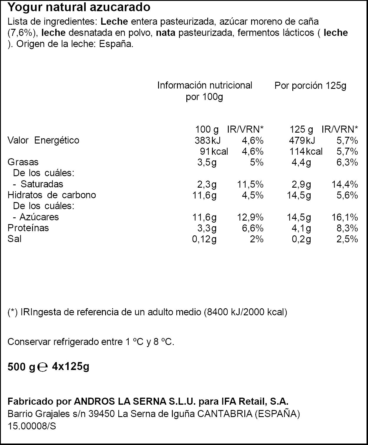 Yogurt natural c/azucar de caña Ifa eliges p4 125/u