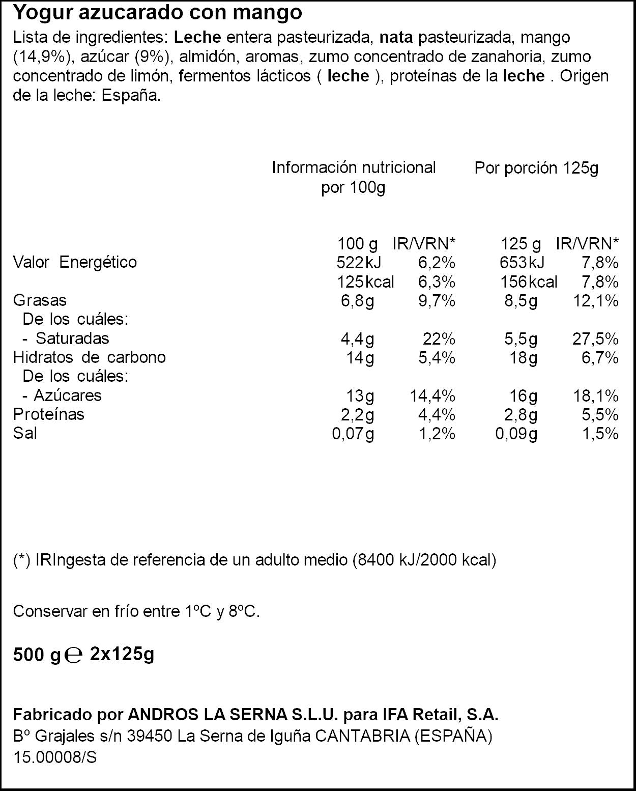 Yogur griego bicapa con mango Ifa eliges p4 125g/u