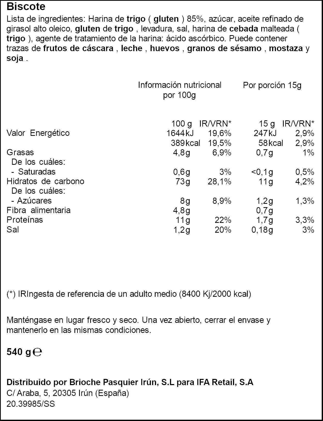 Biscote blanco tradicional Ifa eliges 72r 540g