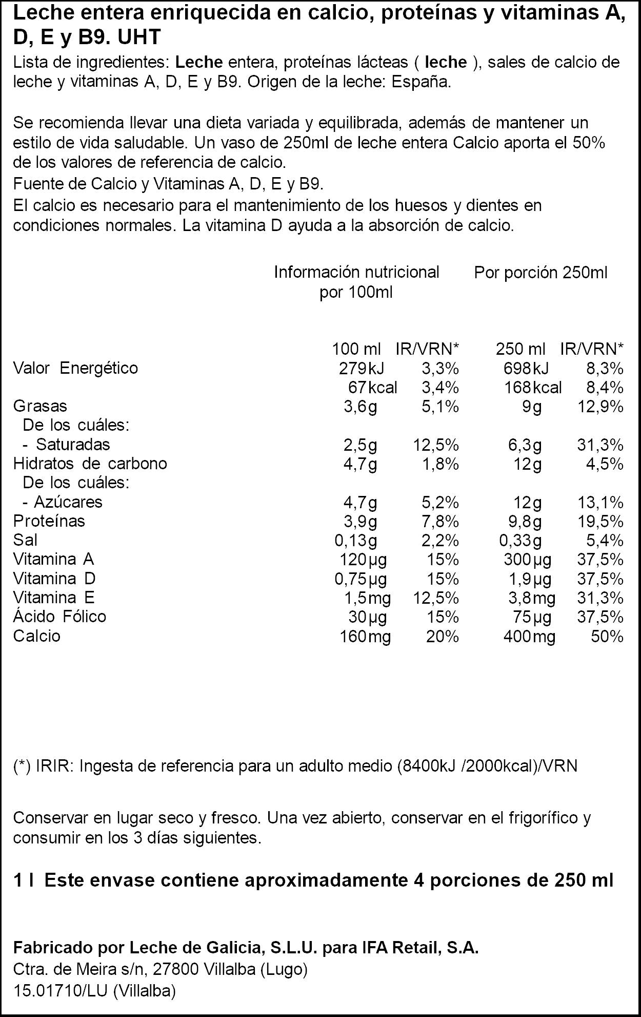 Leche entera calcio Ifa eliges 1l