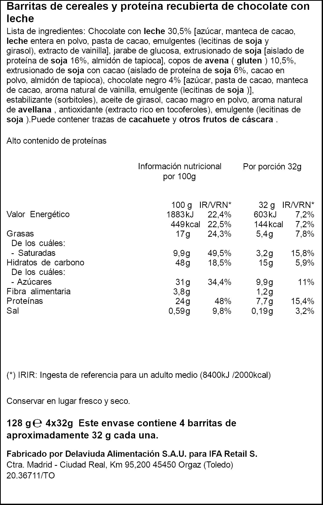 Barrita proteinas c/choco leche Ifa eliges p4 128g