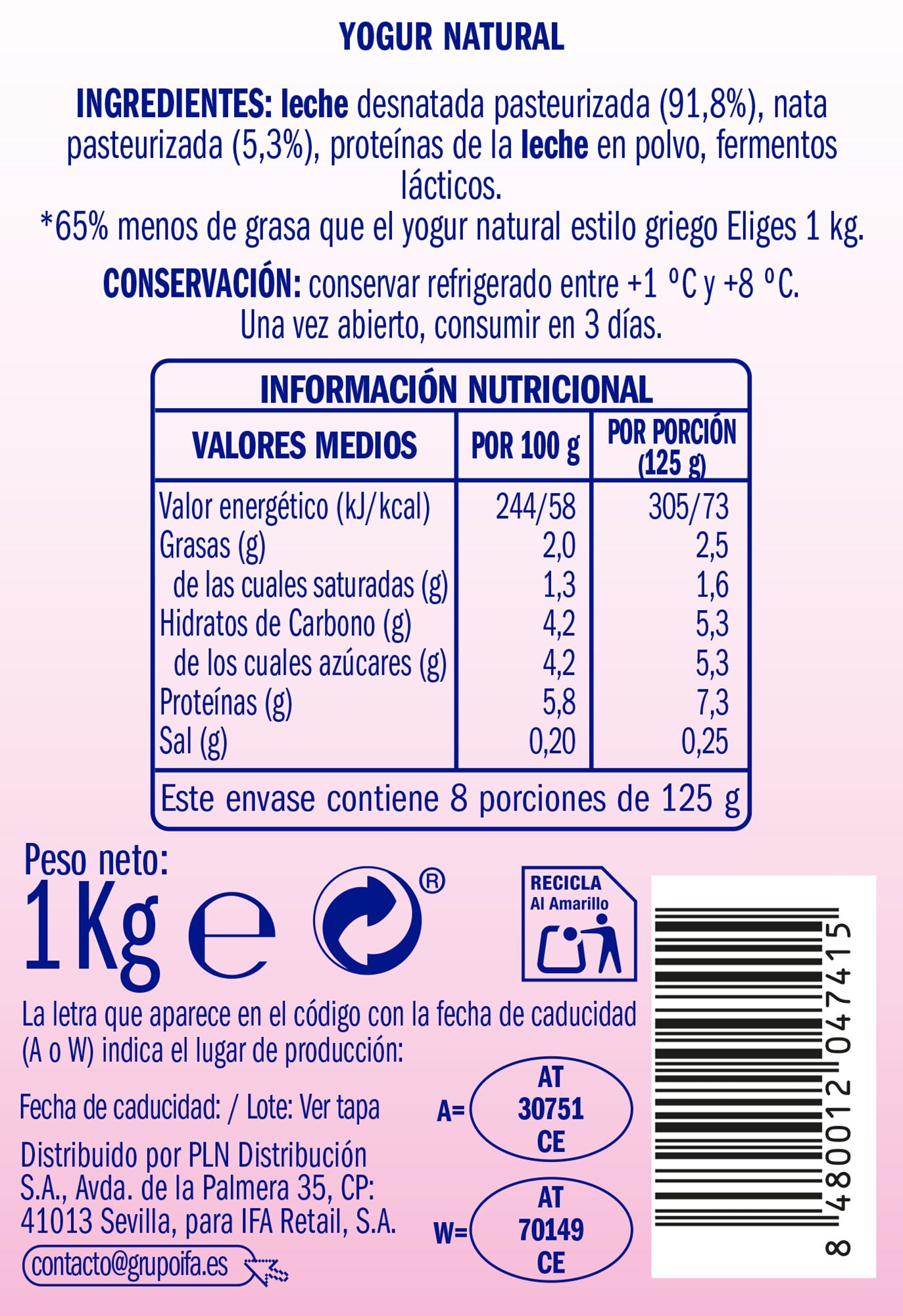 Yogur griego ligero natural Ifa eliges 1kg
