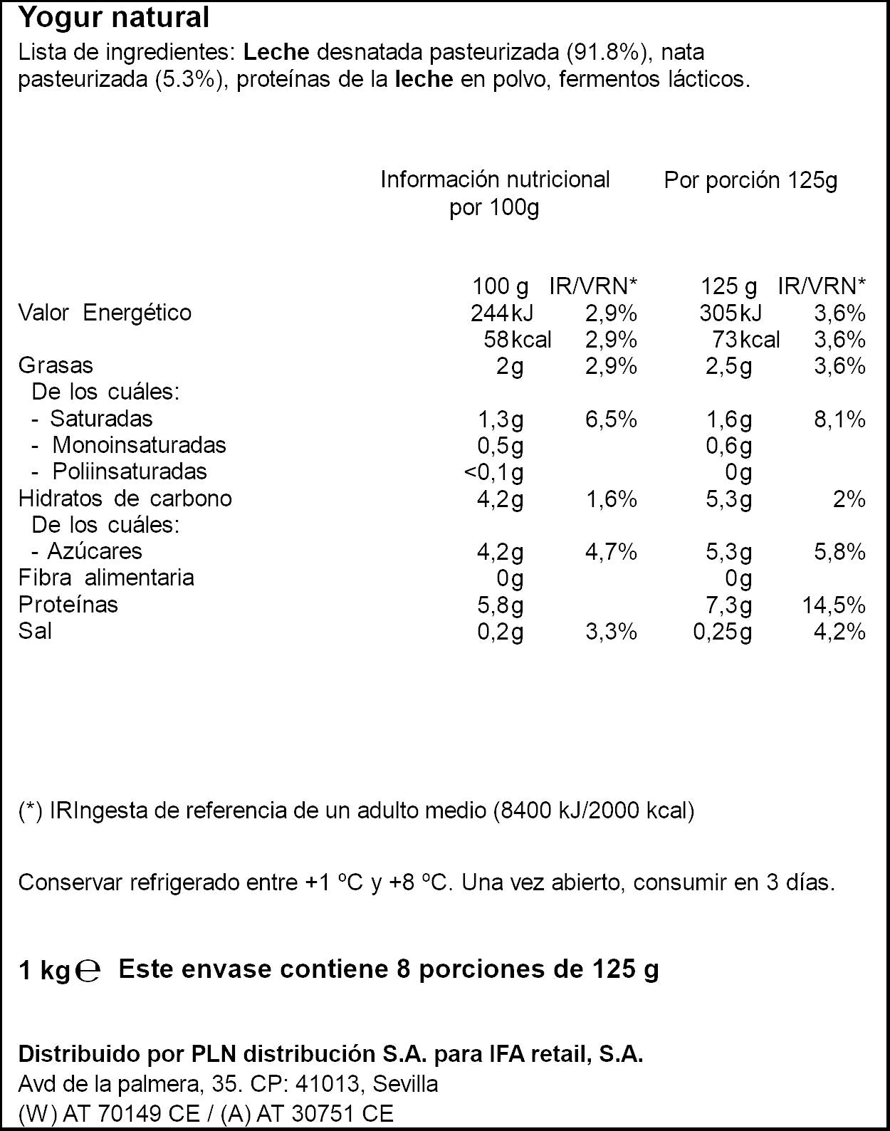 Yogur griego ligero natural Ifa eliges 1kg