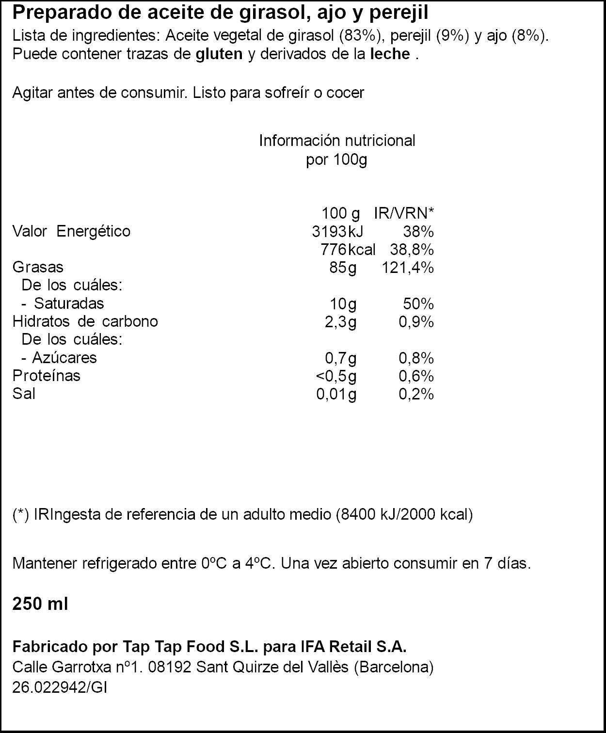Aliño aceite/ajo/perejil Ifa eliges 250ml
