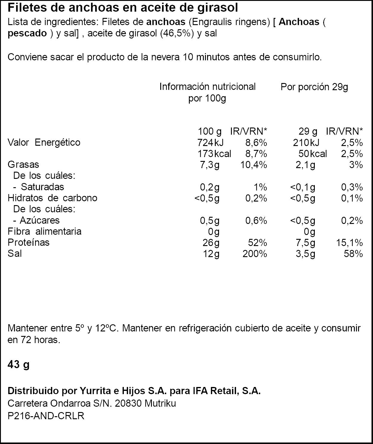 Filetes de anchoa aceite vegetal rr43 Ifa eliges 23g escurr