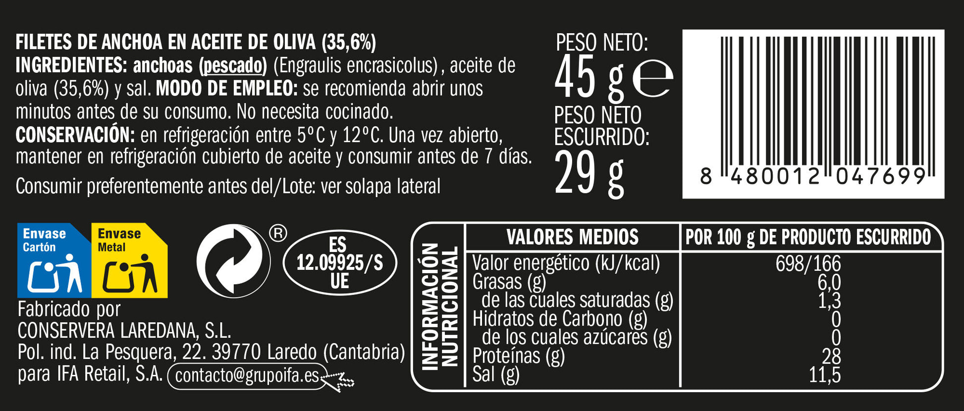 Filetes de anchoa del cantábrico aceite de oliva rr45 Ifa eliges 29g escurr