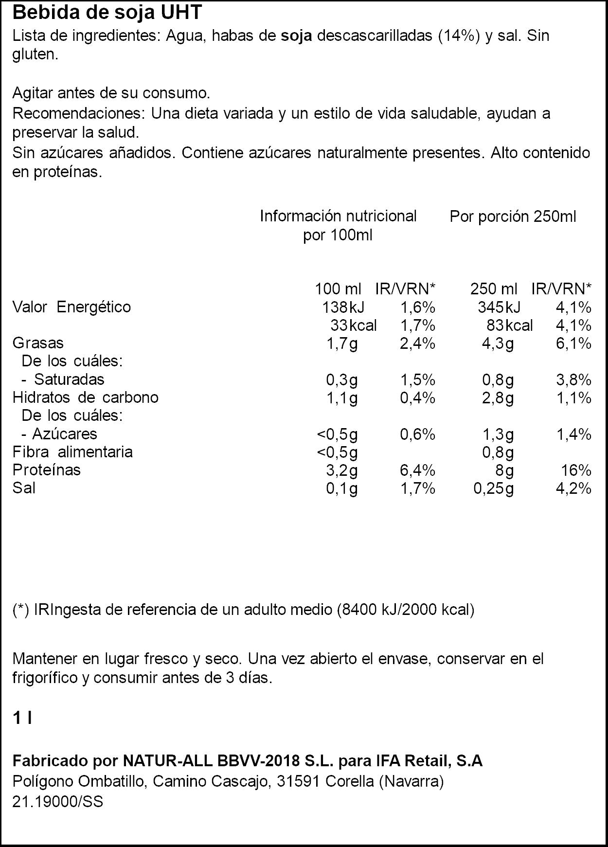 Bebida soja sin azúcar Ifa eliges 1l