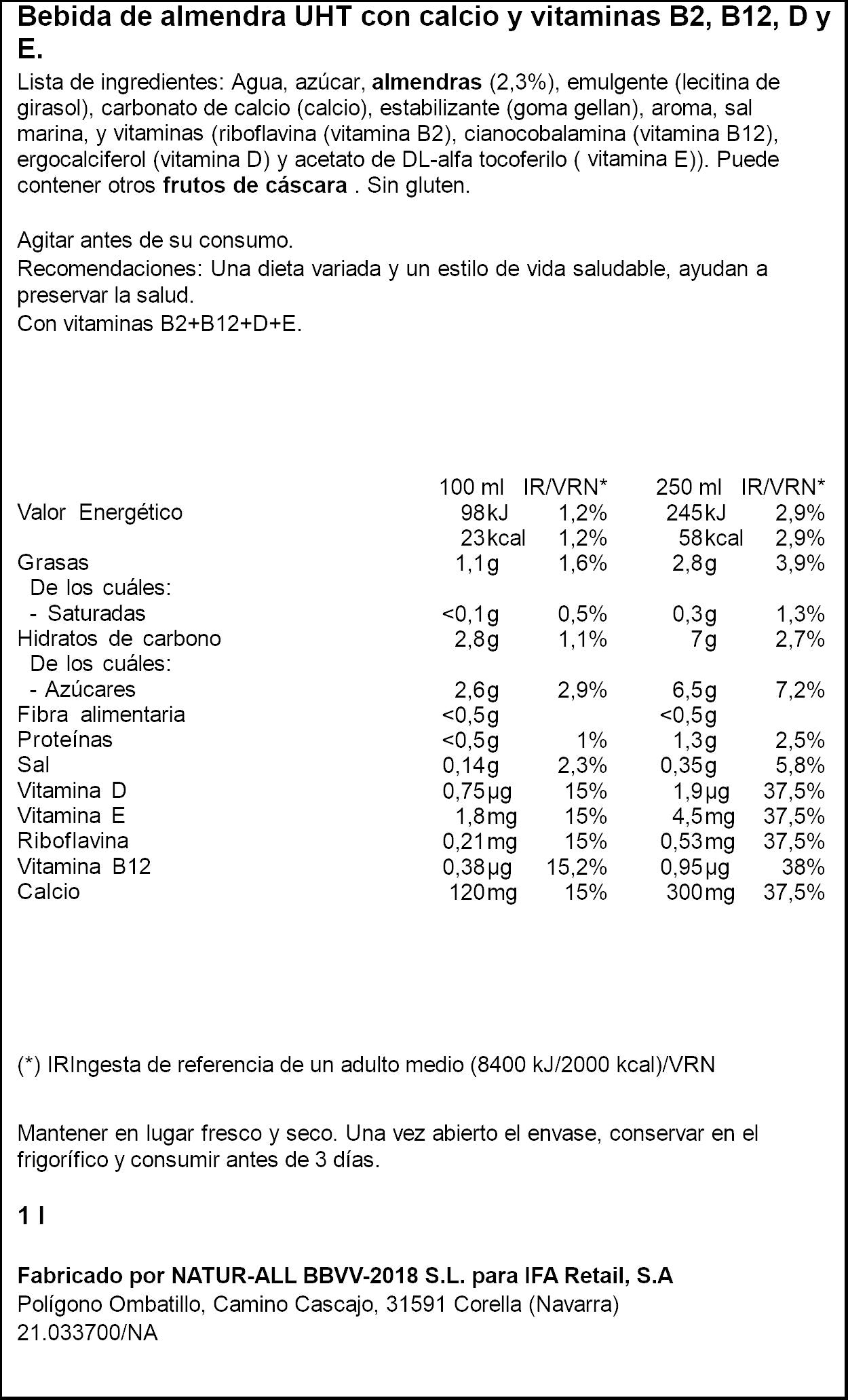 Bebida vegetal  almendras calcio vitamina a,d,b Ifa eliges 1l