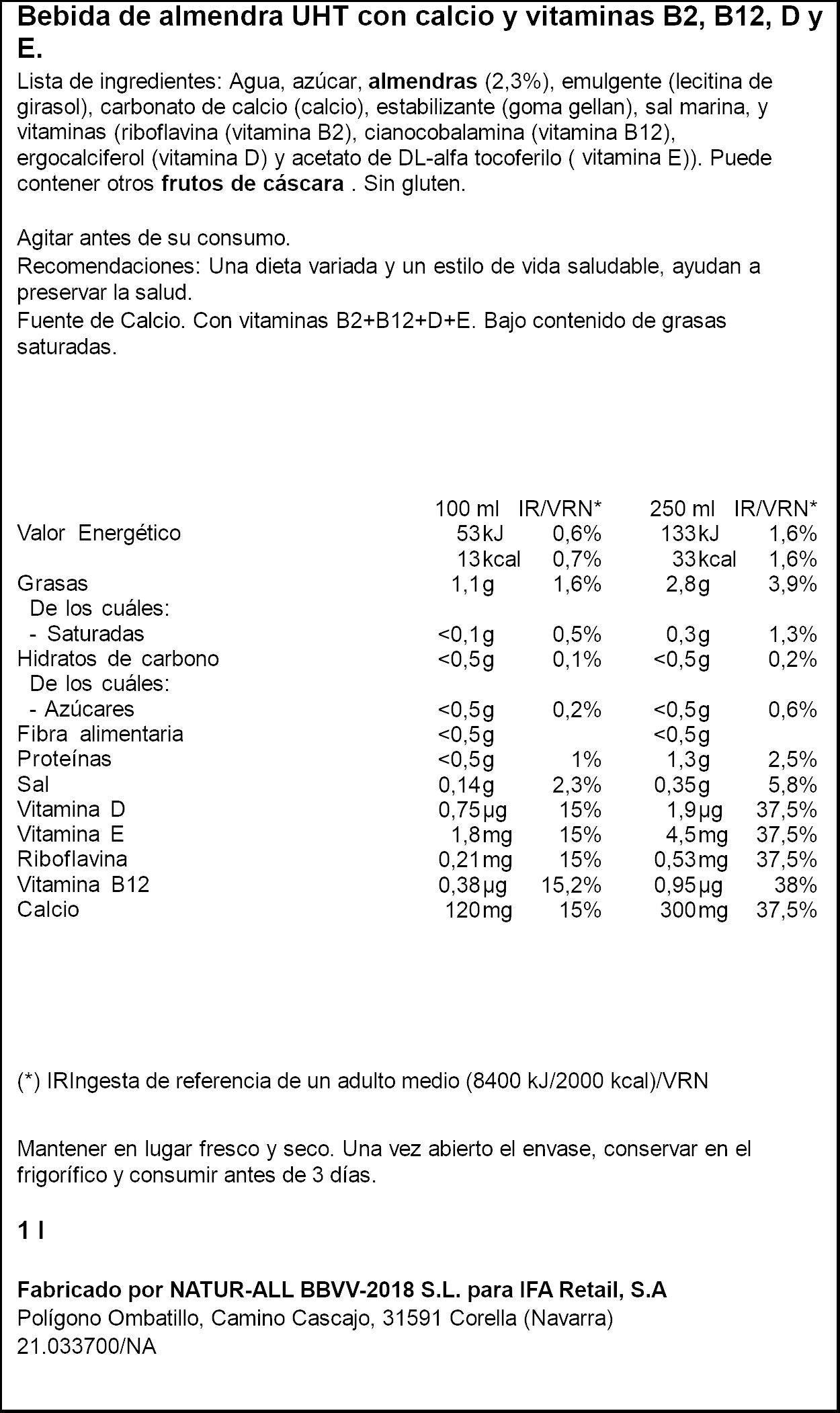 Bebida vegetal  de almendras s/azucar Ifa eliges 1l