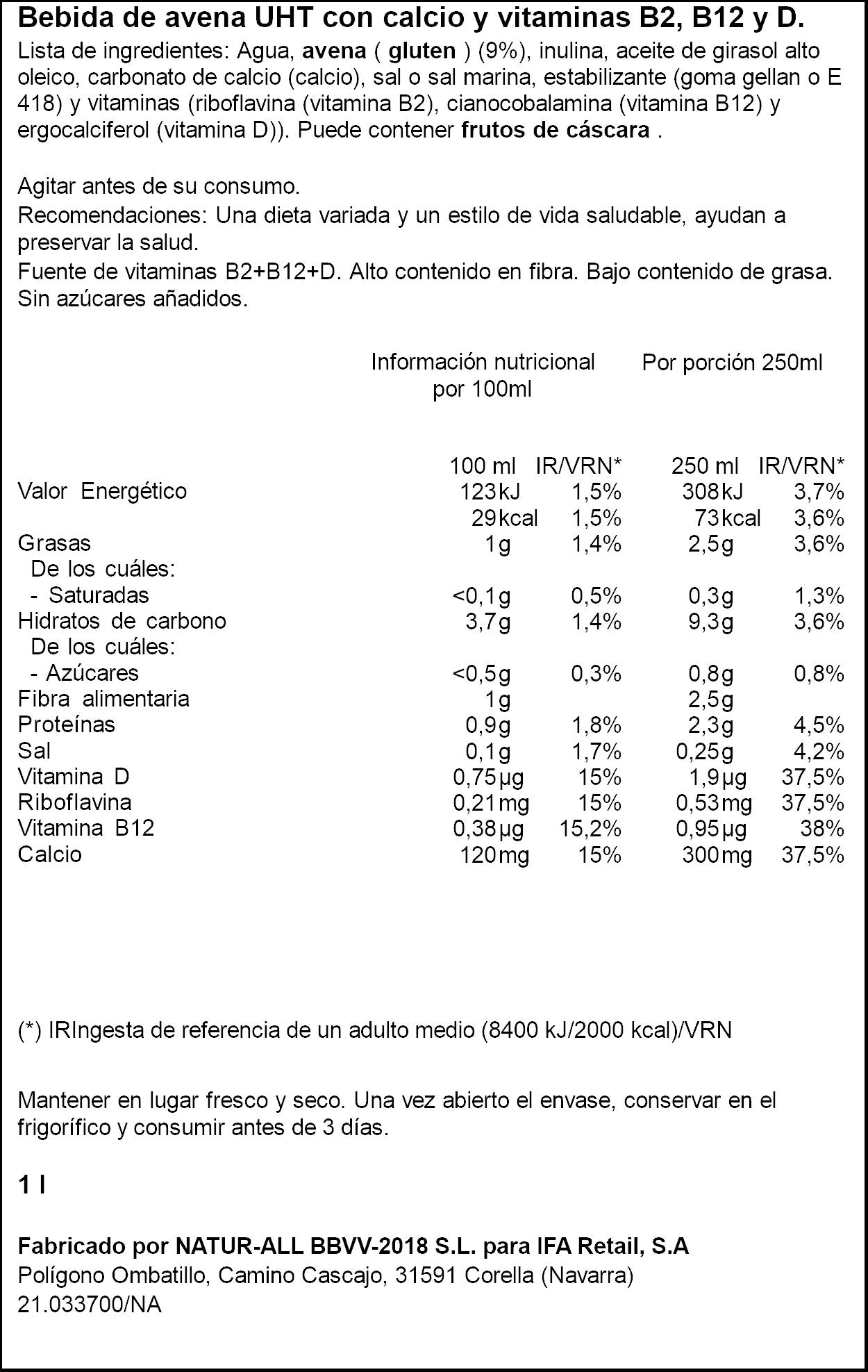 Bebida  vegetal avena c/calcio s/azucar Ifa eliges 1l
