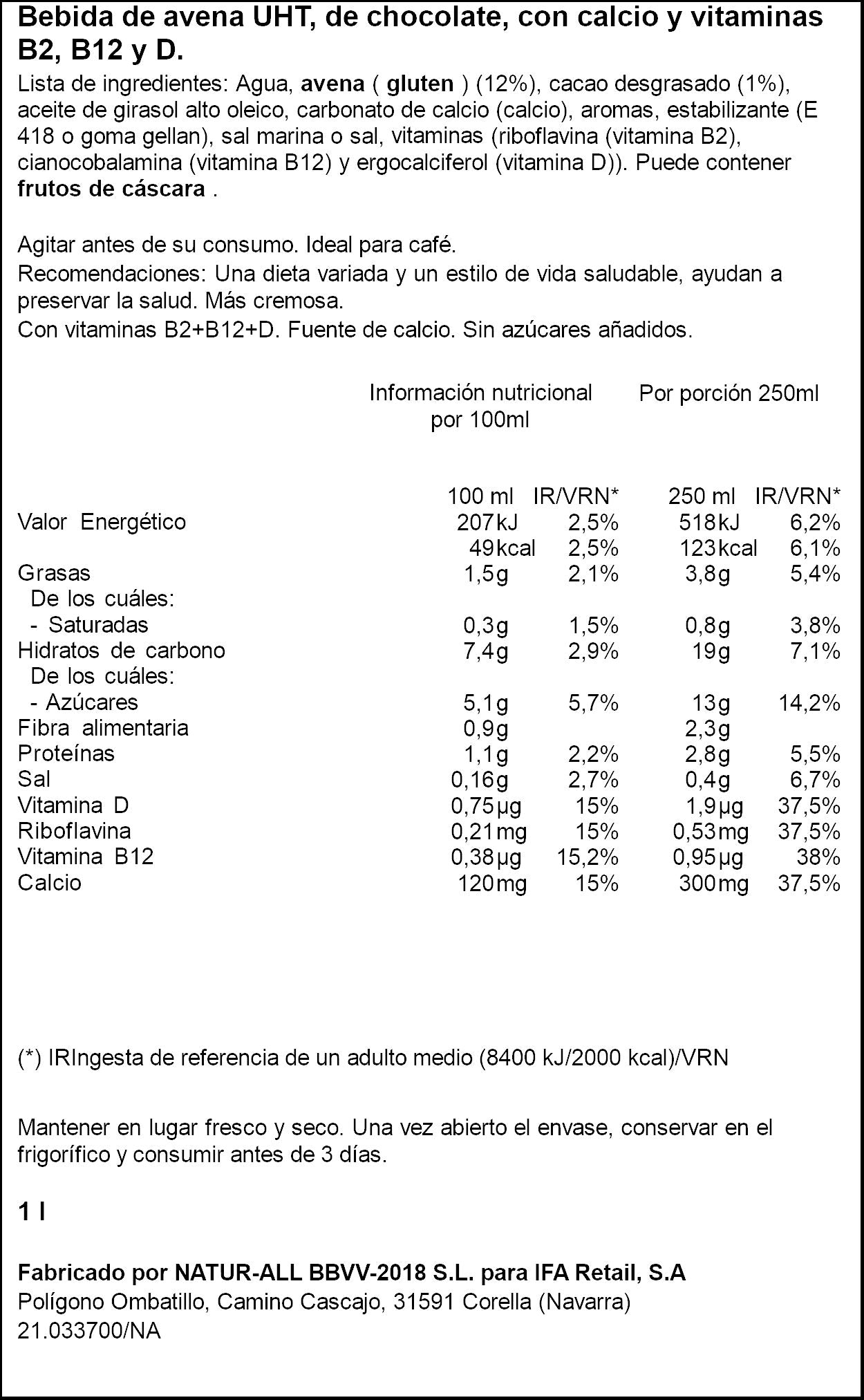 Bebida de avena con choco enriquecida  calcio y vit Ifa elige 1l