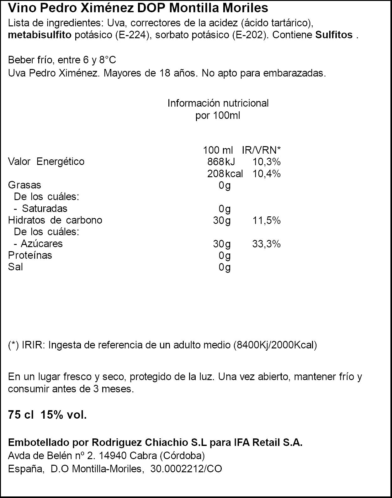 Vino pedro ximenez d.o montilla Patios de San Lorenzo 75cl