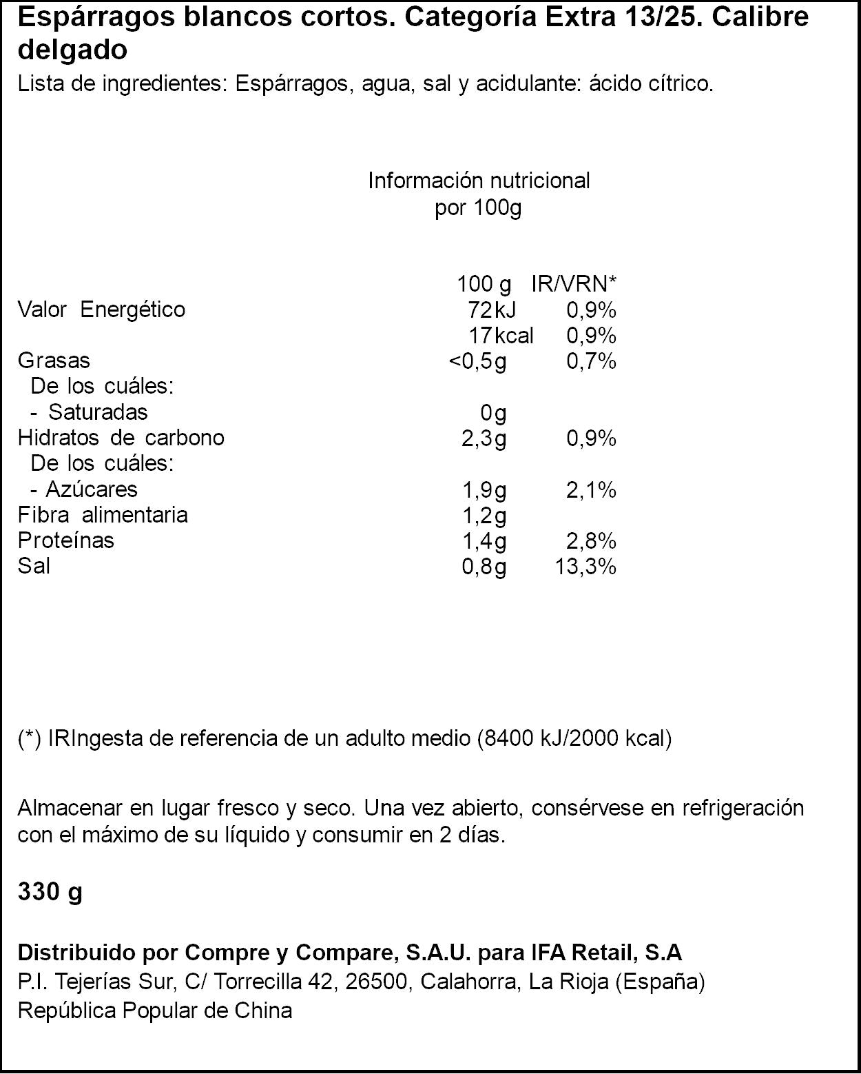 Espárrago blanco extra cristal 13/16 Ifa eliges 205g escurr