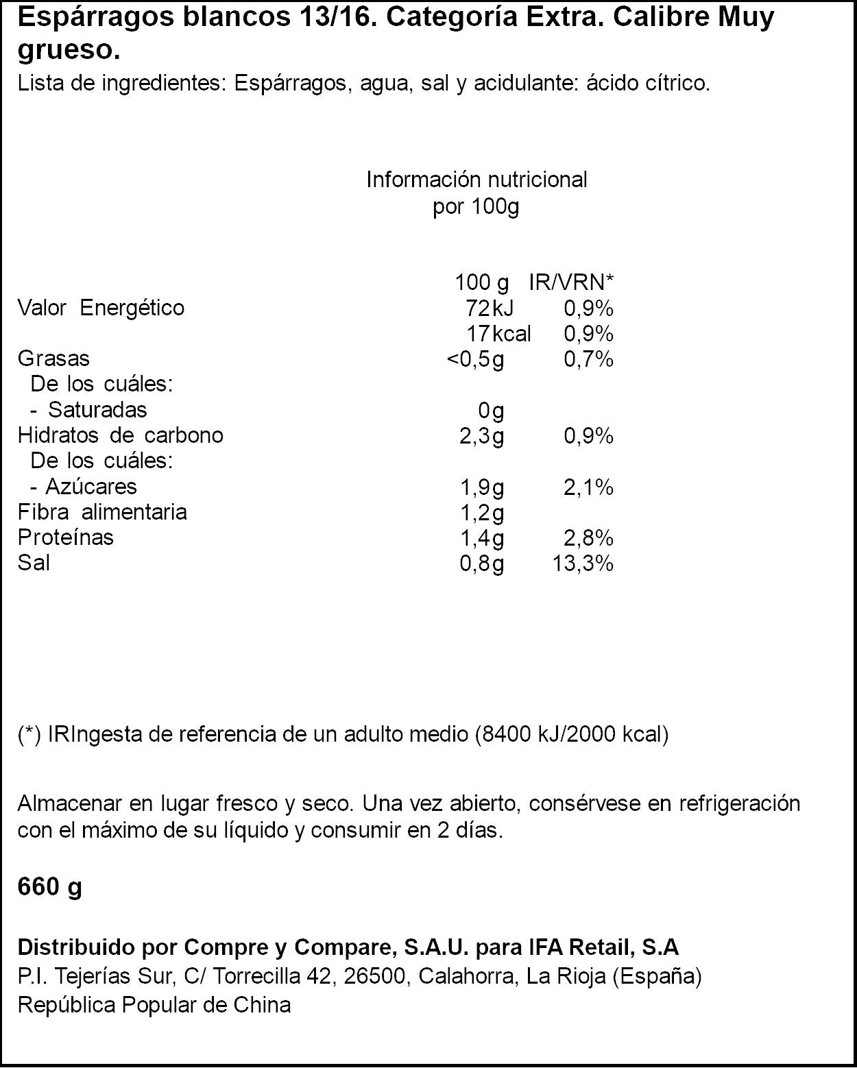 Espárrago blanco lata 13/16 Ifa eliges 425g escurr