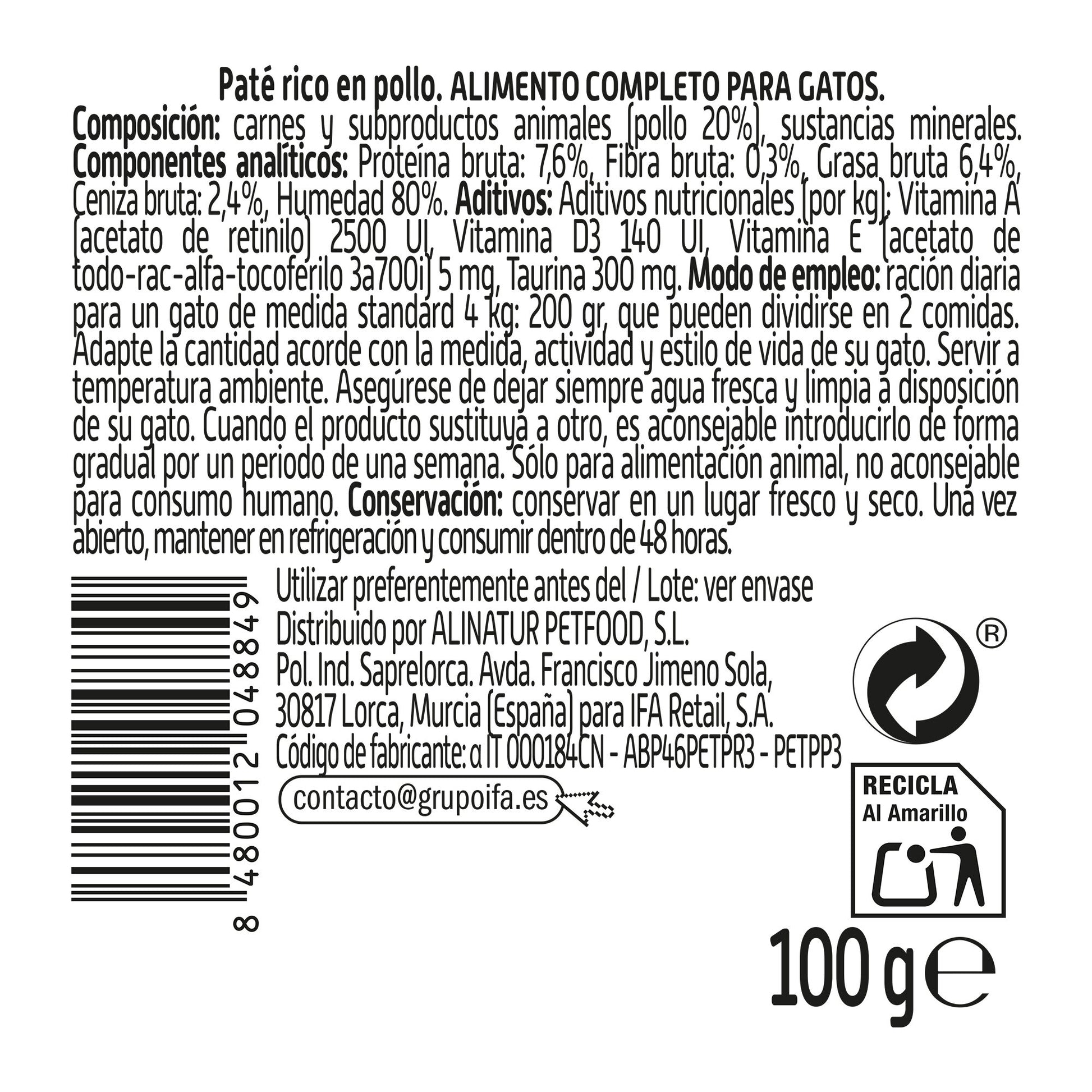 Comida gato húmedo paté de pollo tarrina Ifa amigo 100g