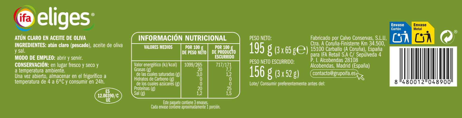 Atun claro aceite oliva lata Ifa eliges p3 52g/u escurr