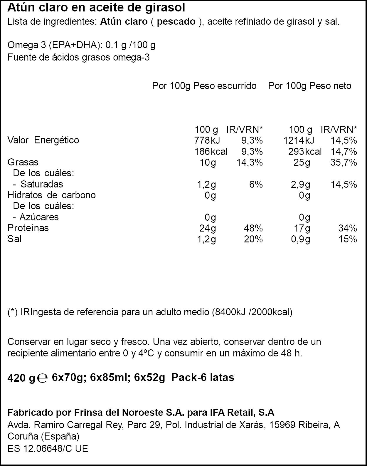 Atun claro aceite girasol lata Ifa eliges p6 52g/u escurr