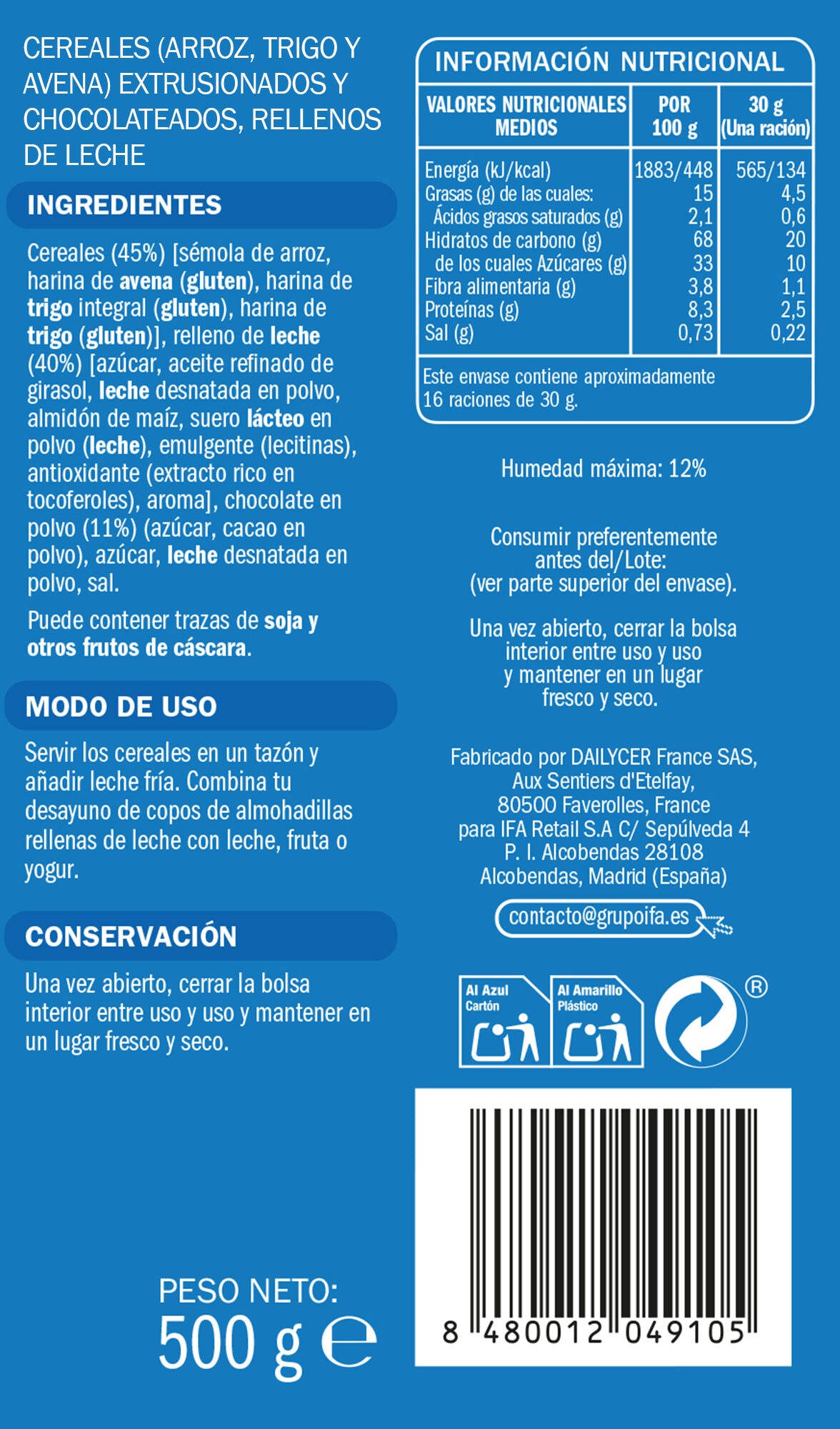 Cereal almohadilla relleno leche Ifa eliges 500g