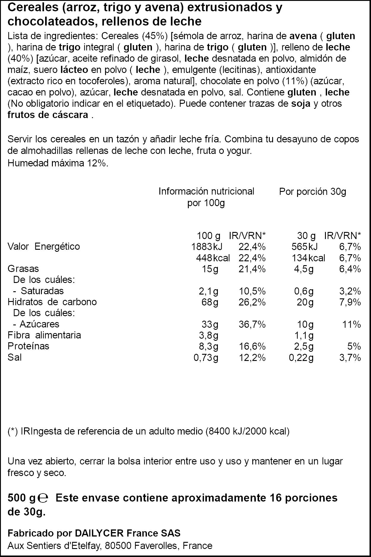 Cereal almohadilla relleno leche Ifa eliges 500g