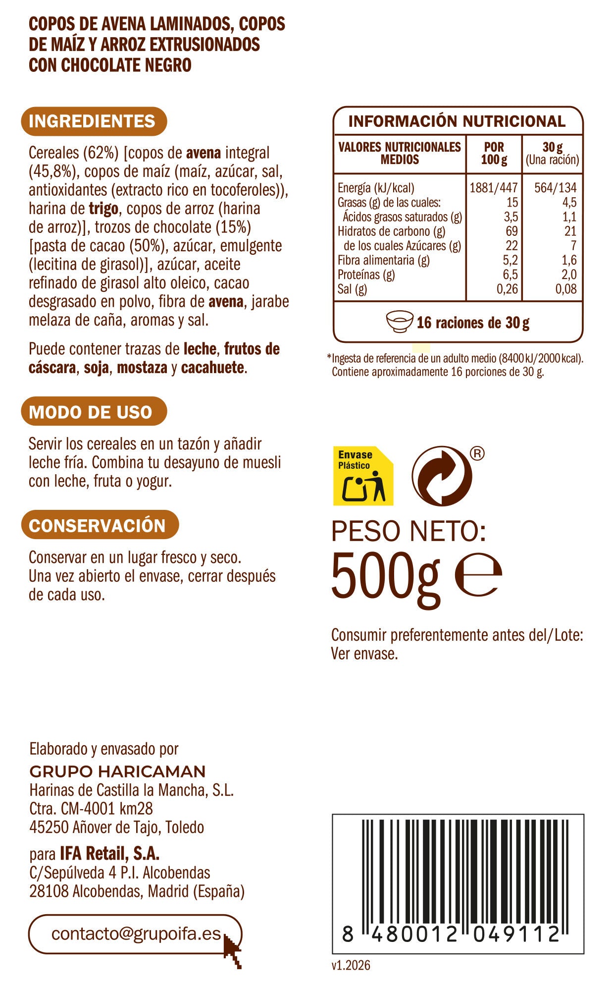 Cereal muesli crujiente c/chocolate Ifa eliges 500g