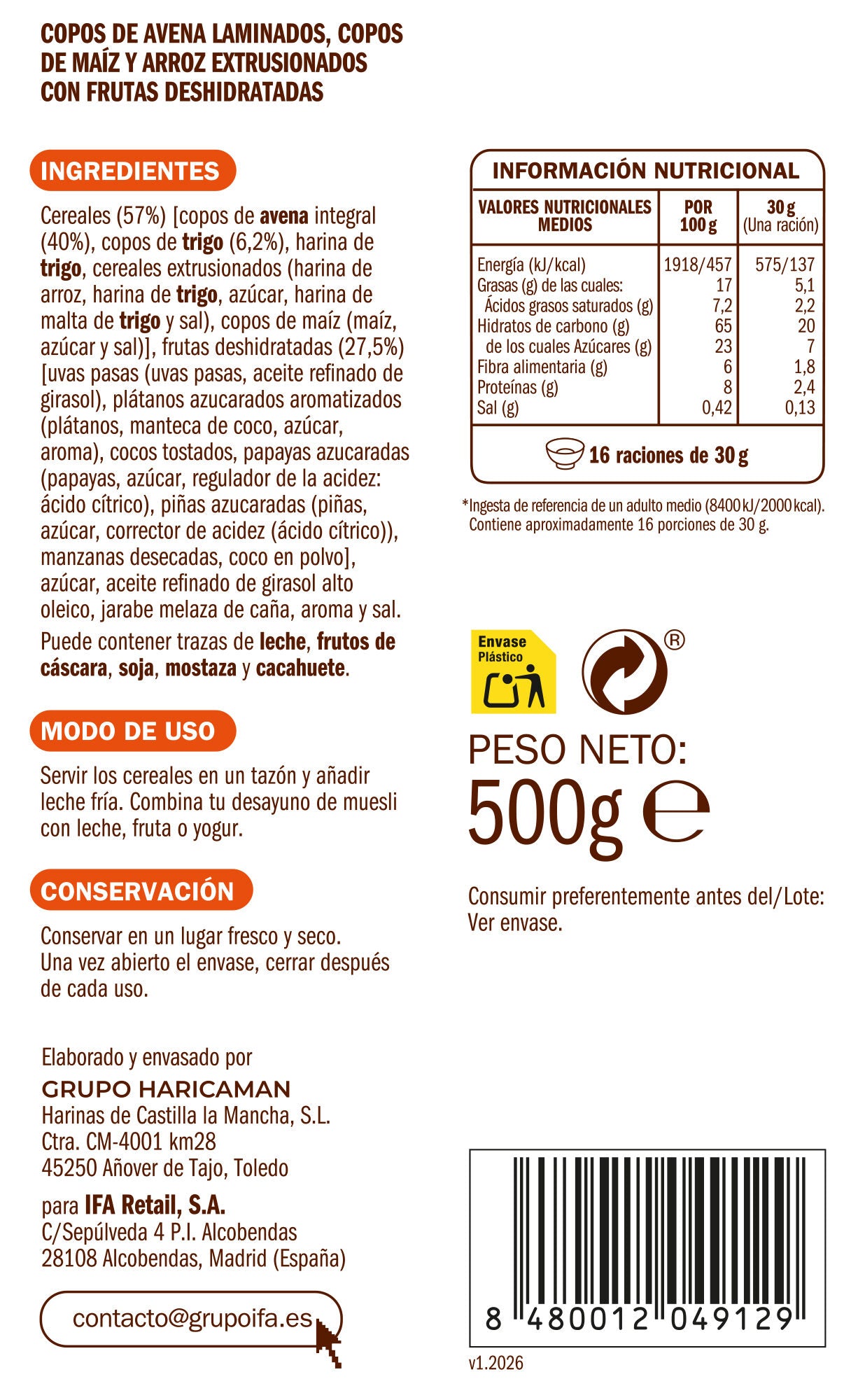 Ceral muesli crujiente c/frutas Ifa eliges 500g