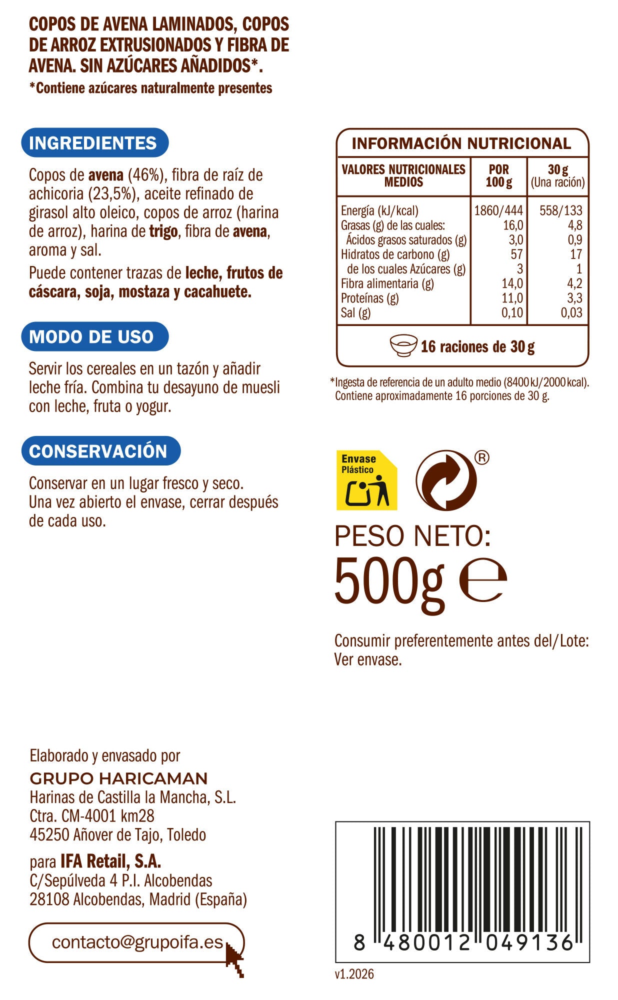 Cereal muesli crujiente s/azucar Ifa eliges 500g