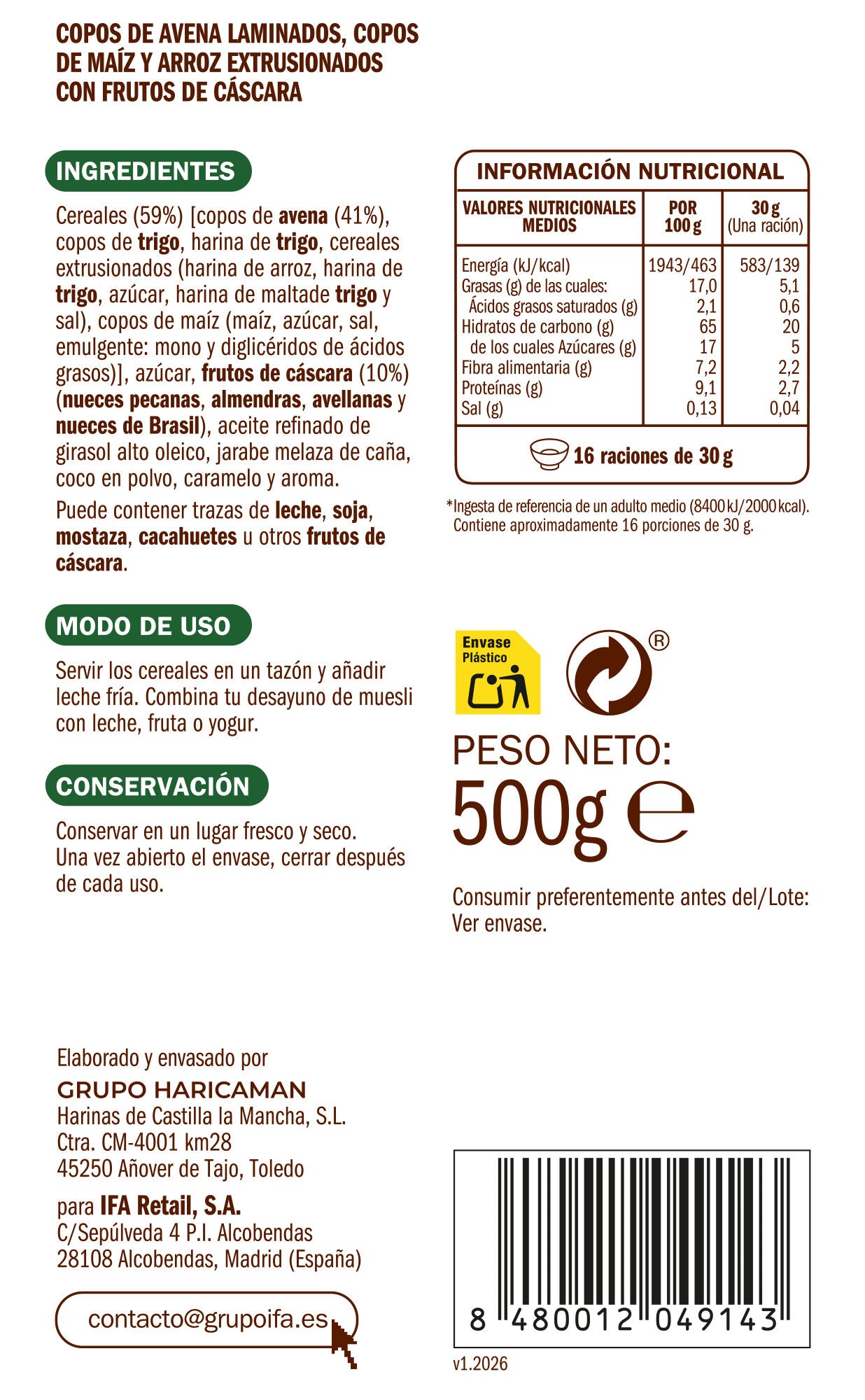 Cereal muesli crujiente c/frutos secos Ifa eliges 500g