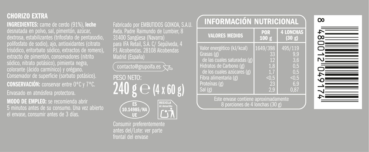 Chorizo Extra Ifa Eliges P4 60g/u