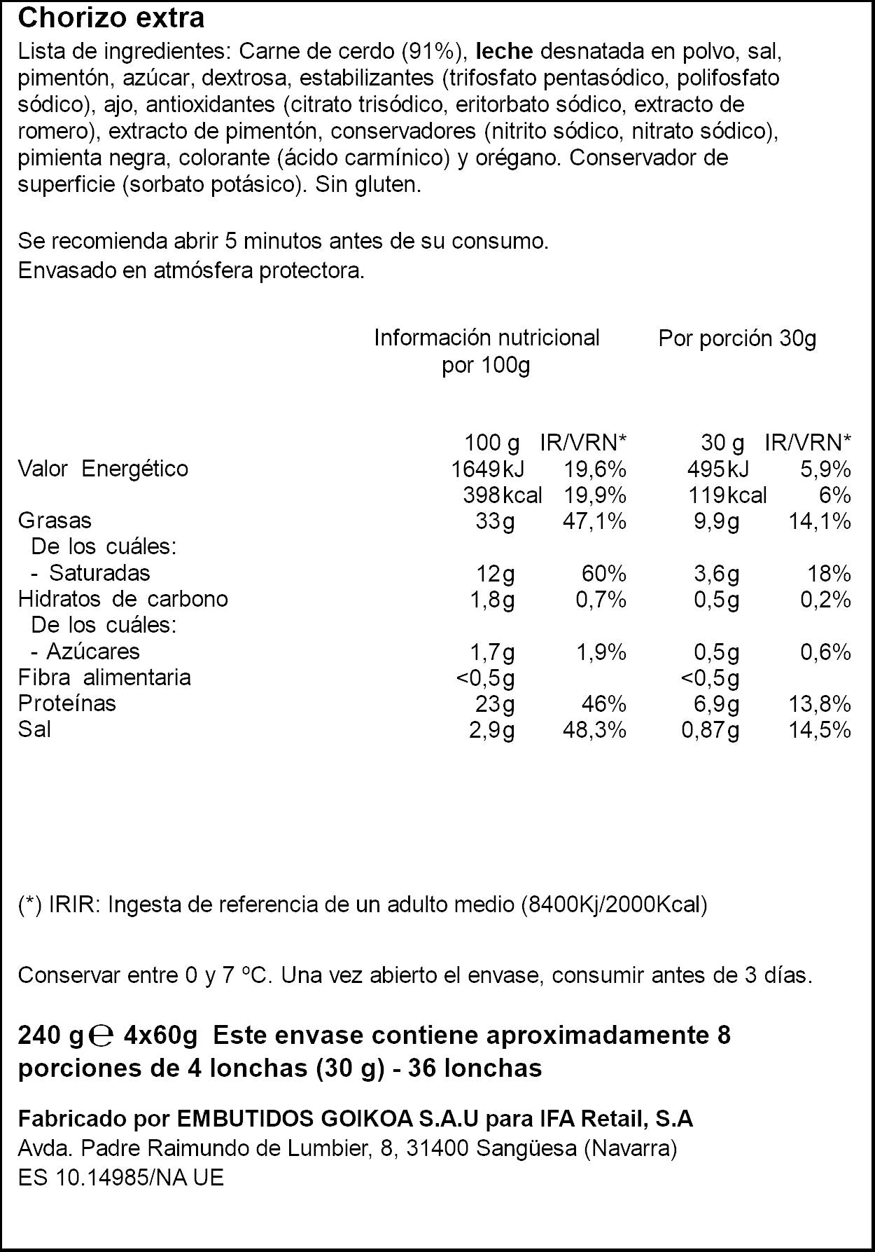Chorizo Extra Ifa Eliges P4 60g/u