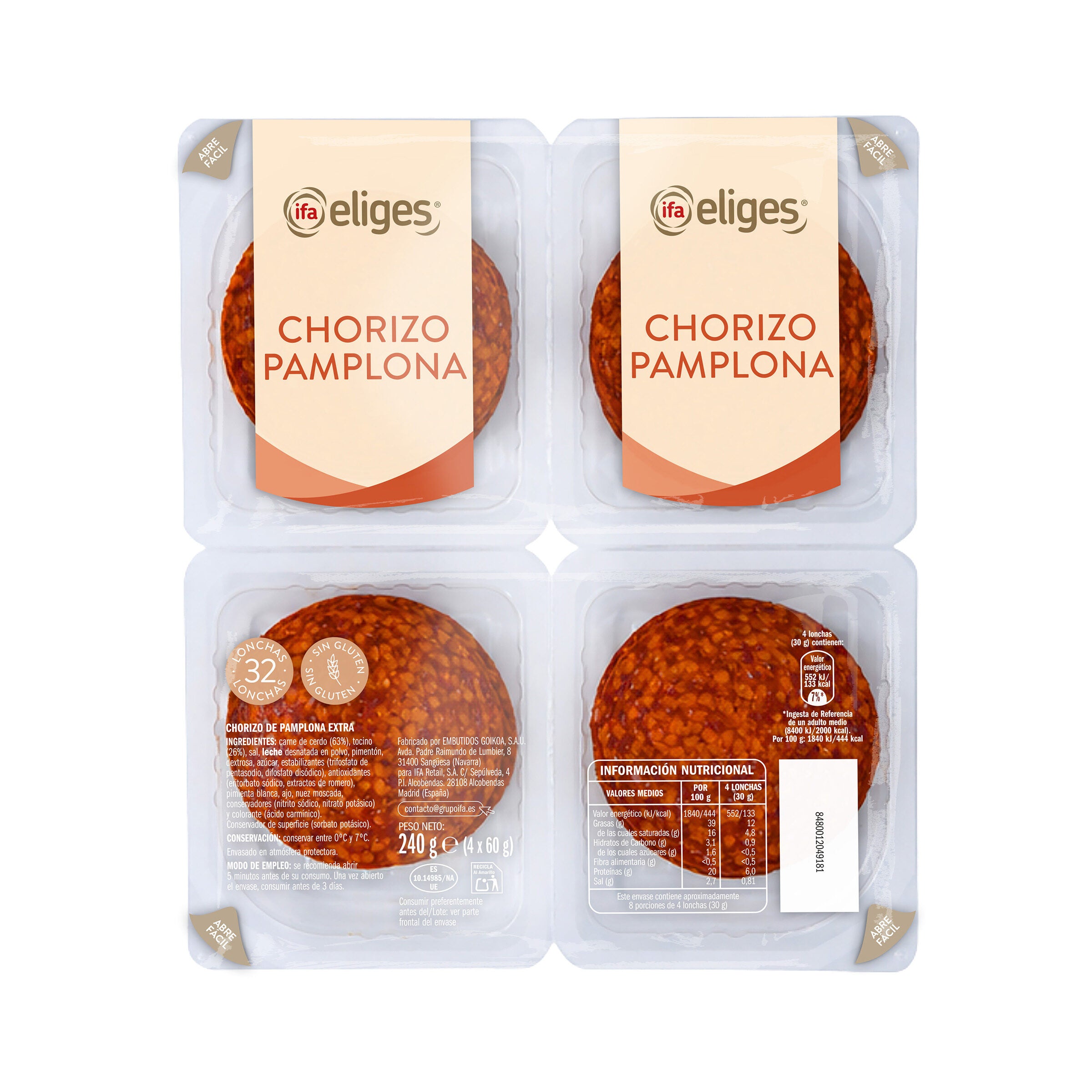 Chorizo Pamplona lonchas Ifa eliges p4 60g/u
