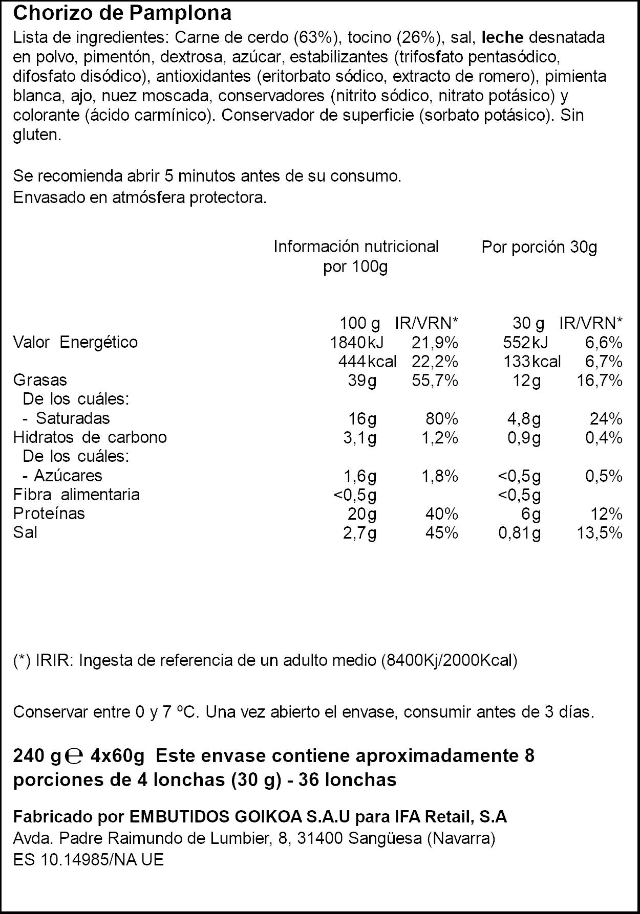 Chorizo Pamplona lonchas Ifa eliges p4 60g/u