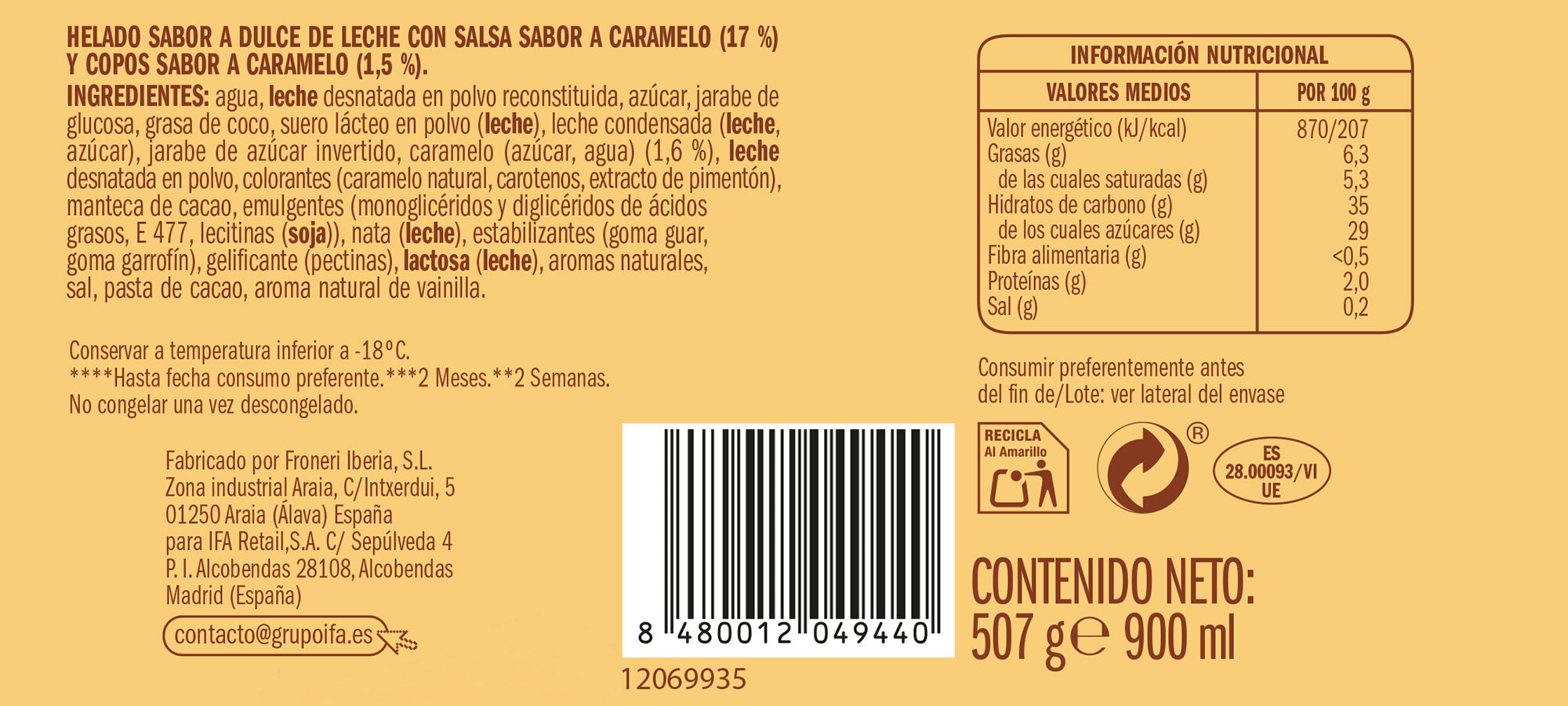 Helado tarrina dulce de leche Ifa eliges 900ml